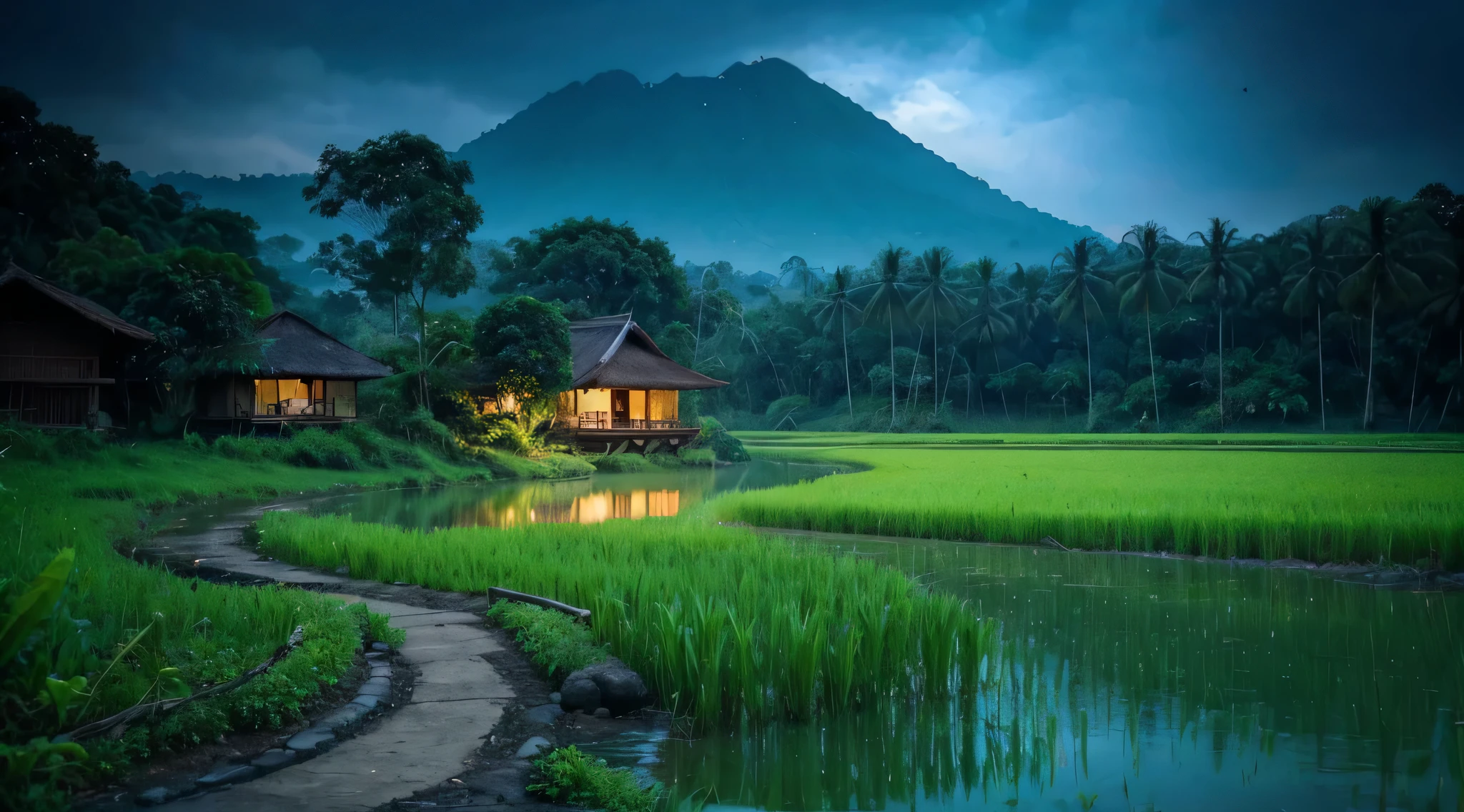 Pemandangan di Jawa barat tahun 1800, rumah kayu sederhana di tepi sungai yang deras berbatu yang air nya biru. banyak rumpun bambu besar, pohon-pohon tropis besar dan lebat, foliage yang rimbun, bark, ada pohon yang mati, ada daun yang menguning. latar belakang gunung berapi berkabut, cahaya matahari yang dramatis, muted pallete color.
