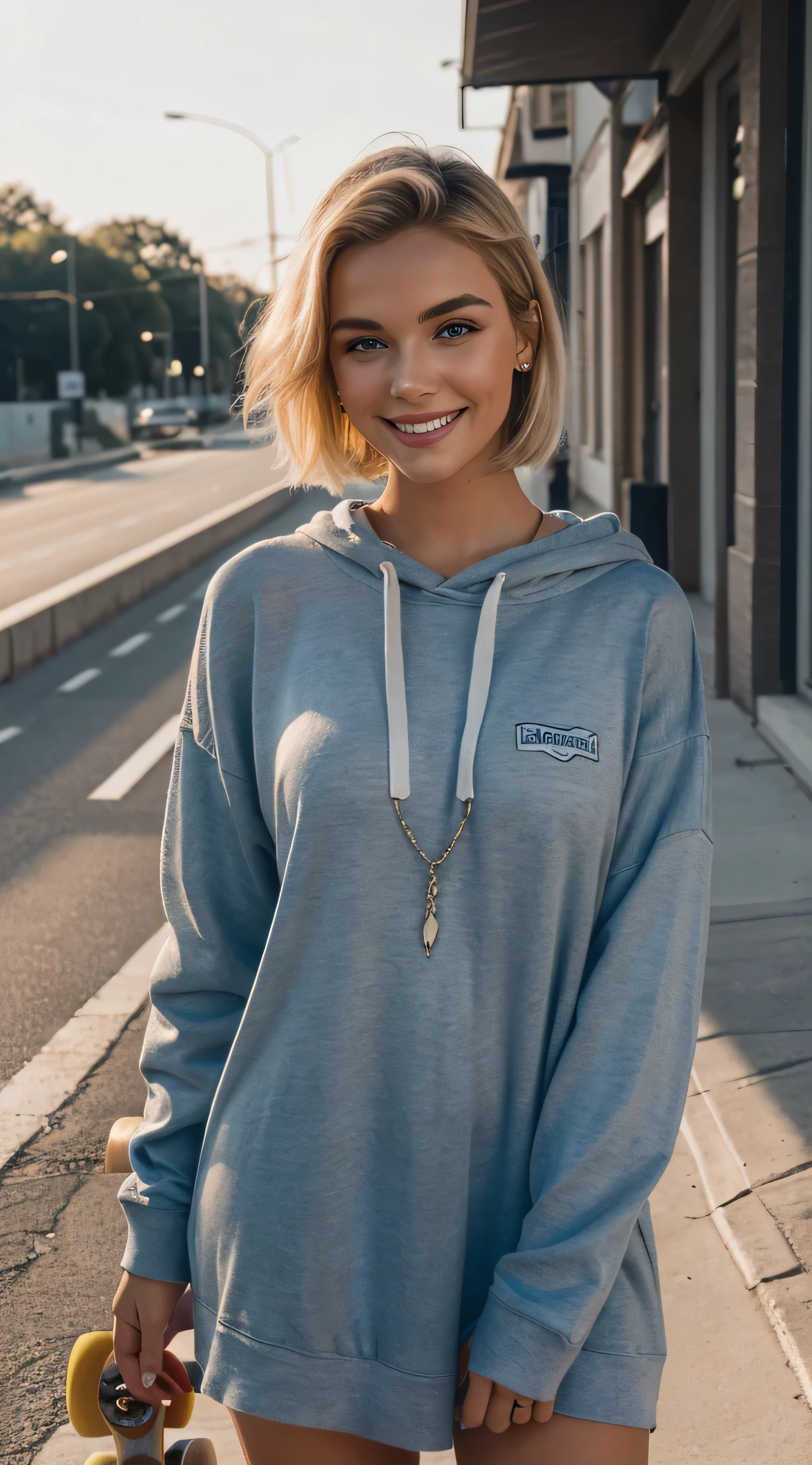 photorealistic, best quality, instagram model, (hyper detailed: 1.4), posing for a picture near the road, short blonde hair, blue eyes, ((riding a skateboard)) ,Detailed eyes, beautiful european young woman, (Highly detailed face:1.4), exuding a natural glow, soft lightning, day time, road view, jaw-dropping beauty, (smirk smile: 1.3), shy, seductive, vivid colors, subtle shadows