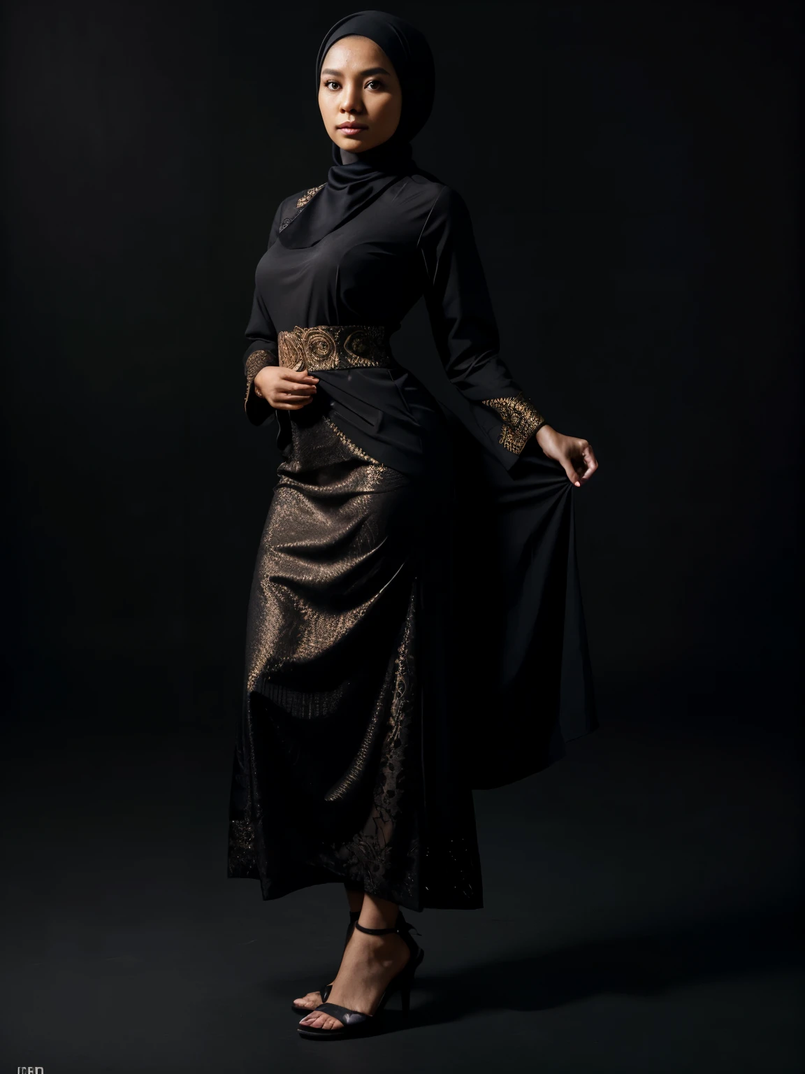 A woman wearing a hijab from Indonesia, a solo kebaya hijab dress, is standing in an interesting pose. Black background. Facial details, ultra realistic, super detailed, ultra HD, 8K Resolution