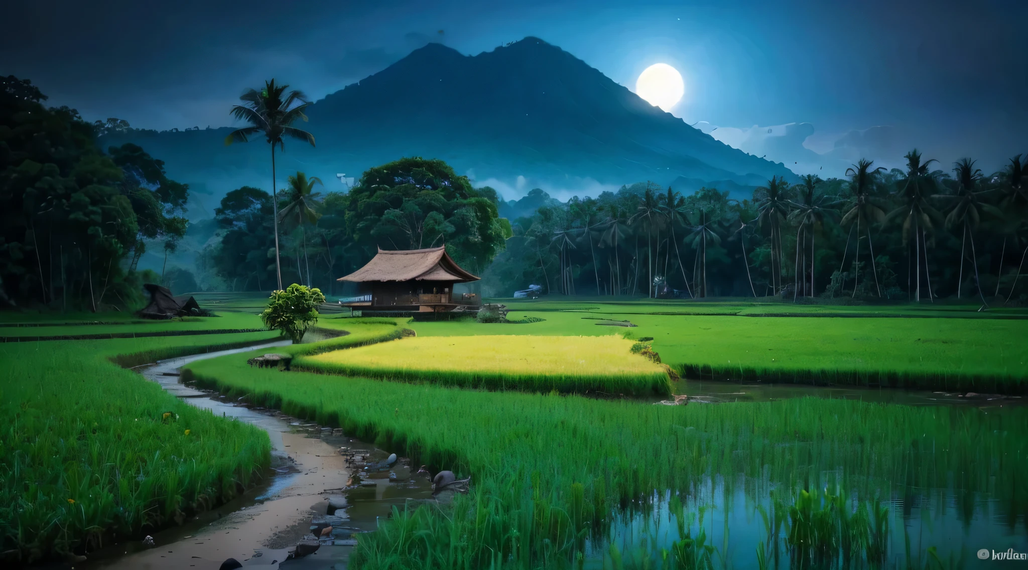 Pemandangan di Jawa barat tahun 1800, rumah kayu sederhana di tepi sungai yang deras berbatu yang air nya biru. banyak rumpun bambu besar, pohon-pohon tropis besar dan lebat, foliage yang rimbun, bark, ada pohon yang mati, ada daun yang menguning. latar belakang gunung berapi berkabut, cahaya matahari yang dramatis, muted pallete color.