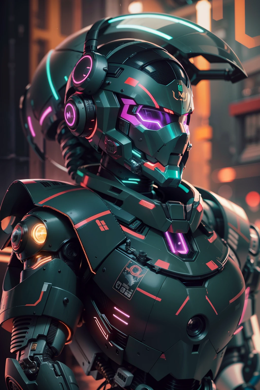 um close up de um robô mshn , futobot, ciborgue , Using CyberHelmet Bright Circle , armadura de batalha, MSHN Factory, tubes connected to the neck, luz neon fotorrealista, obra-prima, melhor qualidade, filme de 35mm, film grain, cyberpunk, EbonyGoldAI