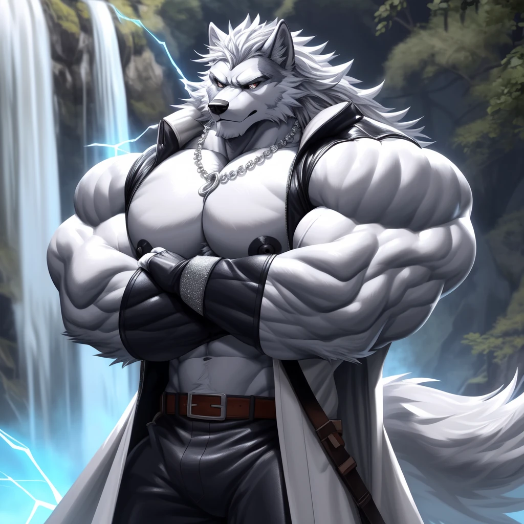 (upload on e621) (Masterpiece) (by Drks) (best quality) (ultra high res) 4K (8k HD) 2D (perfect anatomy) (digital art) (official art) (extreme detailed) (ultra detailed) (strapsanime) color (soft shading) (sharp focus) (waterfall background) 1man silver body fur silver belly detailed fluffy fur (ultra detailed face) high detailed eyes detailed iris eyes high detailed silver eyes (white sclera) black pupils big navel abs bare pectoral (((huge black shiny nipples))) black claw nails furry wolf male mature male silver giant bulky muscular body fur giant size canid (((huge muscles))) (((hyper muscles))) huge pecs (((oversize pecs))) huge biceps (((giant biceps))) (((fullbody))) canine canis mammal powerful wolf god wolf male calm cool collected demeanor face badass wolf anthro solo standing (((wearing silver full complete sleeveless long trench coat jacket))) (((silver longest beautiful mane length hair))) (((silver longest beautiful mane length back fur hair))) (((silver longest length hair fur front lay on pecs))) (((perfect fingers))) (((five fingers))) silver hands and fingers (((wearing silver fingerless gloves))) (((silver arm bands on his biceps))) (((three silver arm bands on his forearms))) (((dark black huge bead necklaces))) (((dark black huge longer bead necklaces around neck to pecs))) (((silver long wolf tail))) (((silver long pants with silver lines with belt straps on both legs))) (((silver electricity and glitter aura flow entire body))) (((silver blue glowing aura his entire body))) (((crossed arm pose)))