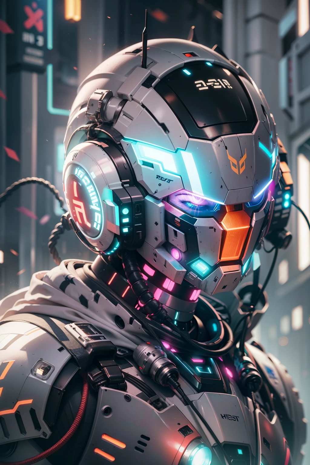 um close up de um robô mshn , futobot, ciborgue , Using CyberHelmet Bright Circle , armadura de batalha, MSHN Factory, tubes connected to the neck, luz neon fotorrealista, obra-prima, melhor qualidade, filme de 35mm, film grain, cyberpunk, EbonyGoldAI