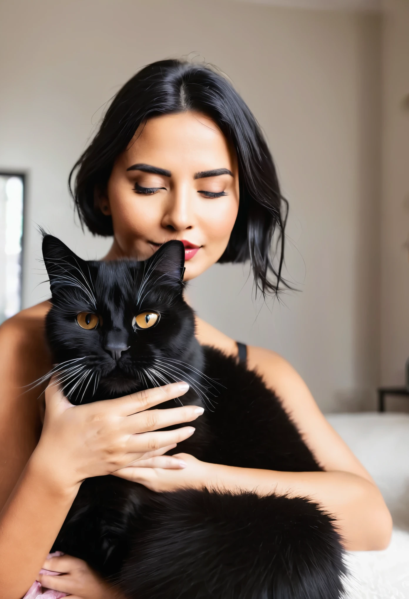Uma mulher peituda segurando um gato preto ((seios enormes:3.9))