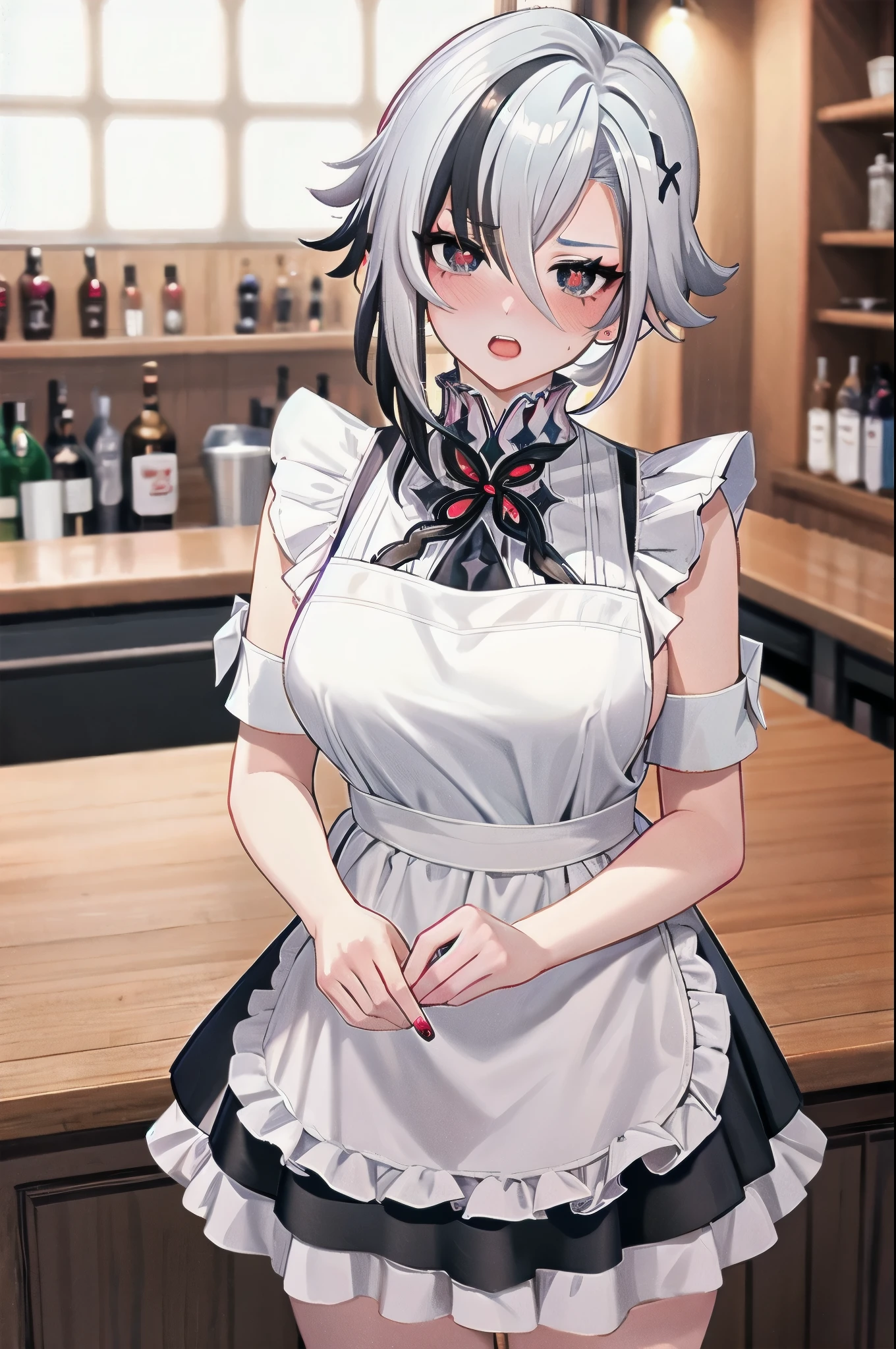 1girl, arlecchino \(genshin impact\), maid, maid headdress, maid apron, embarrassed, open mouth, blush, light frown, looking at viewer, x-shaped pupils, black eyes, cowboy shot, bar \(place\), indoors, depth of field