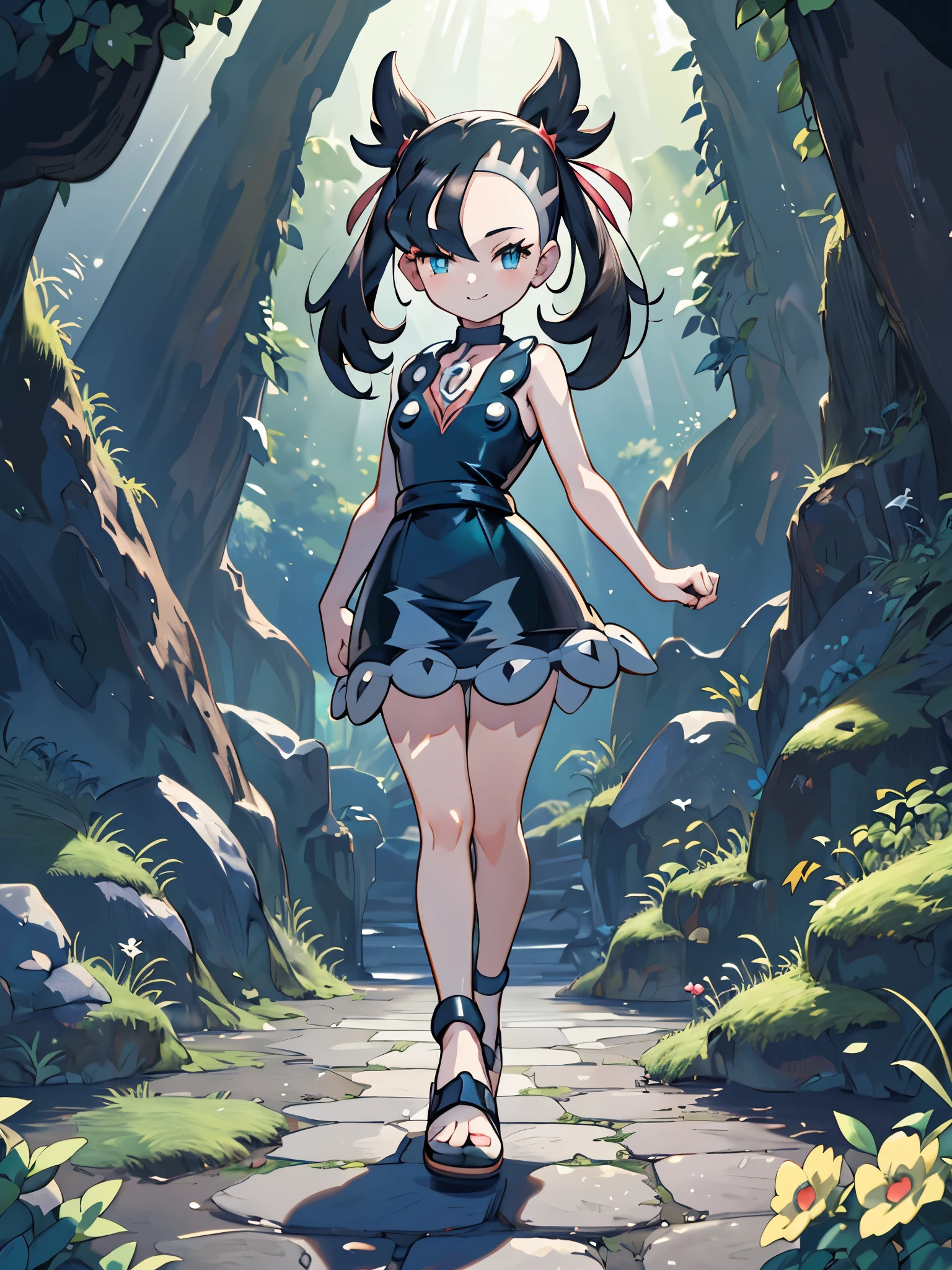 ((pokemon'smarnie:1.2)),(super detailed illustrations:1.2),(masterpiece, 8K), (最high quality, high quality:1.4), perfect anatomy, very detailed, super detailed,masterpiece background,beautiful detailed background, v8K wallpaper,perfect design,award winning art,stand in front of the photo、highest quality、very cute girl、、、10 year old girl、inside a dark cave, The cave continues deeper,A dark cave covered in moss, (dramatic light:1.3), 
woman,Only one person depicted:1.2,flower, full body:1.2,confident smile:1.2