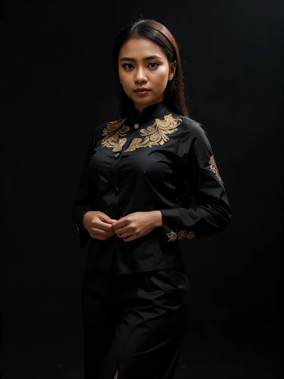 A young woman from Indonesia wearing a black Javanese kebaya hijab is standing in an interesting pose. Black background. Facial details, ultra realistic, super detailed, ultra HD, 8K Resolution