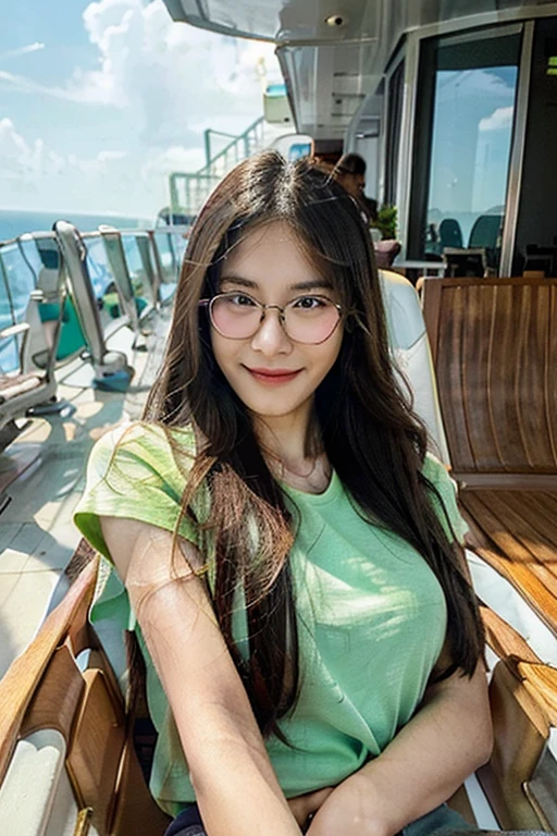 Create a photorealistic image. A picture of a pretty 30 year old Malaysian woman. She has long hair and is wearing glasses. She is lying in a deck chair on a cruise ship. She is holding a drink and looking at the camera and smiling. She is wearing a green t-shirt and shorts.