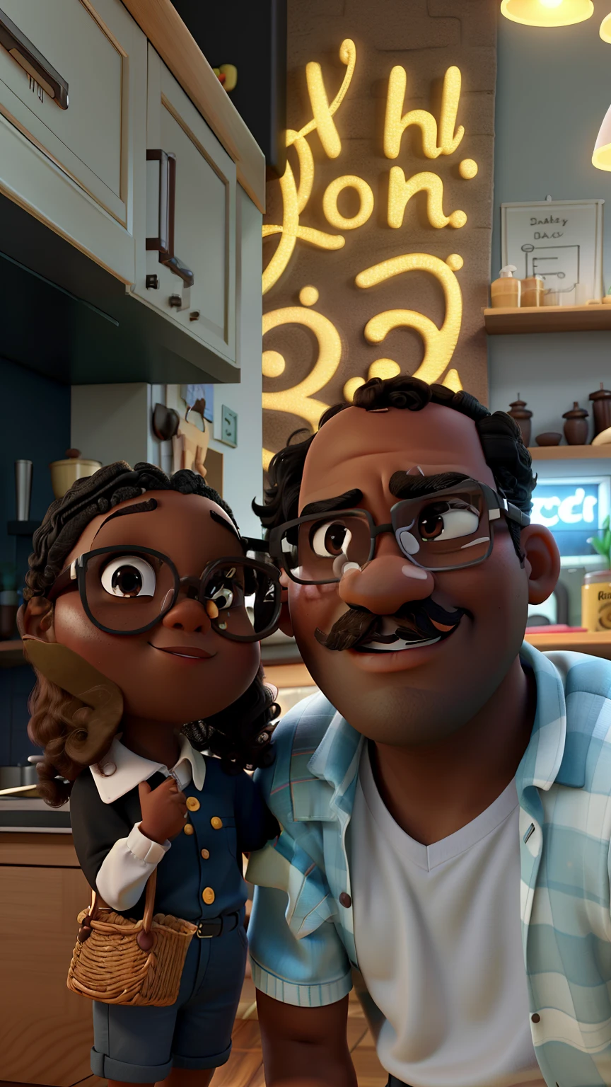 3D poster inspired by pixar capturing a scene of a couple making chocolate truffles a scene with a 20 year old boy skin color dark skin color a little chubby short dark curly hair round face wears glasses a bit of a mustache and a bit of a goatee master chef outfit with a dark-skinned, chubby brunette girl, 15 years old, round face, short black curly hair, helping to make truffles in a kitchen and taking a photo with an iPhone
