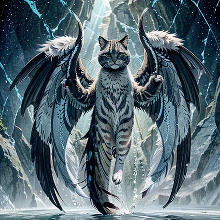 A feline-looking animal with long wings and magical water manipulation power, with its fur with some traces of scales and feathers.