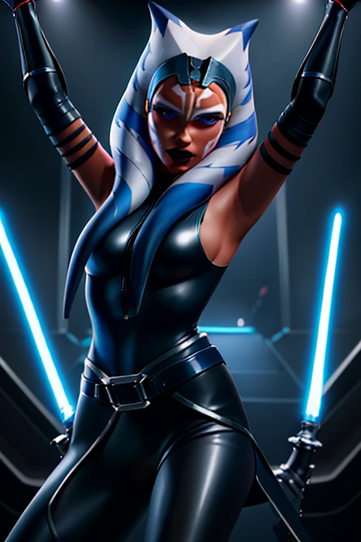 Ahsoka as a 20-year-old Pop Star, in high definition 3D, cyberpunk style, stylish, wearing black leather sleeveless clothes, blue-black leather pants with a silver zipper and belt below the waist, dancing and singing on stage. blue nipple light
