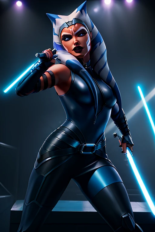 Ahsoka as a 20-year-old Pop Star, in high definition 3D, cyberpunk style, stylish, wearing black leather sleeveless clothes, blue-black leather pants with a silver zipper and belt below the waist, dancing and singing on stage. blue nipple light