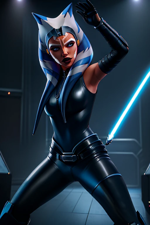 Ahsoka as a 20-year-old Pop Star, in high definition 3D, cyberpunk style, stylish, wearing black leather sleeveless clothes, blue-black leather pants with a silver zipper and belt below the waist, dancing and singing on stage. blue nipple light
