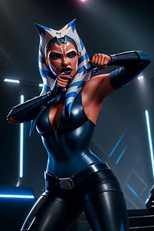 Aayla Secura as a 20-year-old Pop Star, in high definition 3D, cyberpunk style, stylish, wearing black leather sleeveless clothes, bloodred leather pants with a silver zipper and belt below the waist, dancing , shirtless and singing on stage