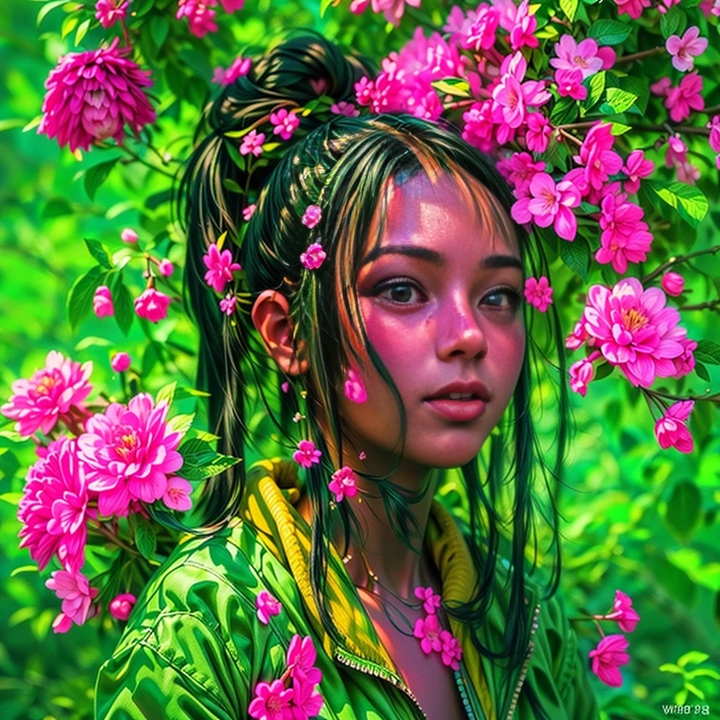 (1 open-face girl, very cute). (pretty young black girl, black hair, abs), (green background), (green:1.5, orange:1.1, white:1.3, yellow:1,3), (very sexy girl rapper with dreadlocks), (tattoos), (naked parts of the body), (down jacket: 1,2), (Jacket on the naked body, thong, shorts, short T-shirt). (fractal, Cherry blossoms, green leaves, Fog, circle background). (Perfect composition, beautiful detailed complex insanely detailed octane render trending on artstation), (8k fine art photography, photorealistic concept art), (soft natural volumetric cinematic perfect light, chiaroscuro, award-winning photography), (masterpiece, oil on canvas), (Raphael, Caravaggio, Greg Rutkowski, beep, Beksinski, Giger).