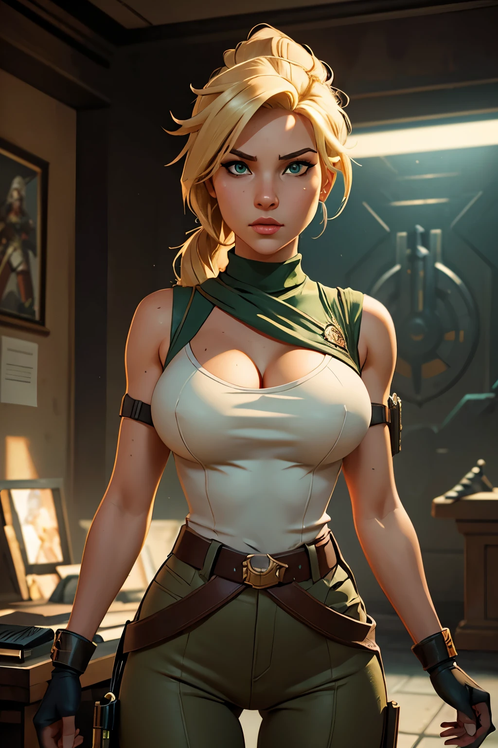 best quality, masterpiece, eye reflection, best quality, masterpiece, mercy eye reflection, alone, sculptural perfect body, blonde,overwatch mercy style hairstyle, green eyes, two arms, tomb raider style neckline clothing, utilitarian belt, alone, command room, 8k, masterpiece, highres, absurdres, natural volumetric lighting and best shadows, deep depth of field, sharp focus, naughty face, super yummy, medium breasts, elements of warhammer 40k, hyper detailed scenery, goddess  