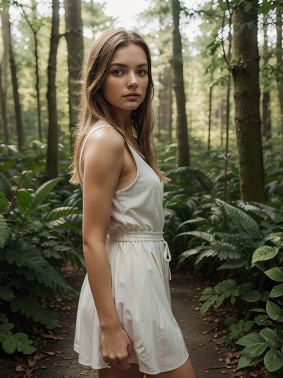 Weiblich 1.2, blond 1.1, green eyes 1.2, photorealistisch 1.3. Csmouflage Kleid, walking in a dark forest