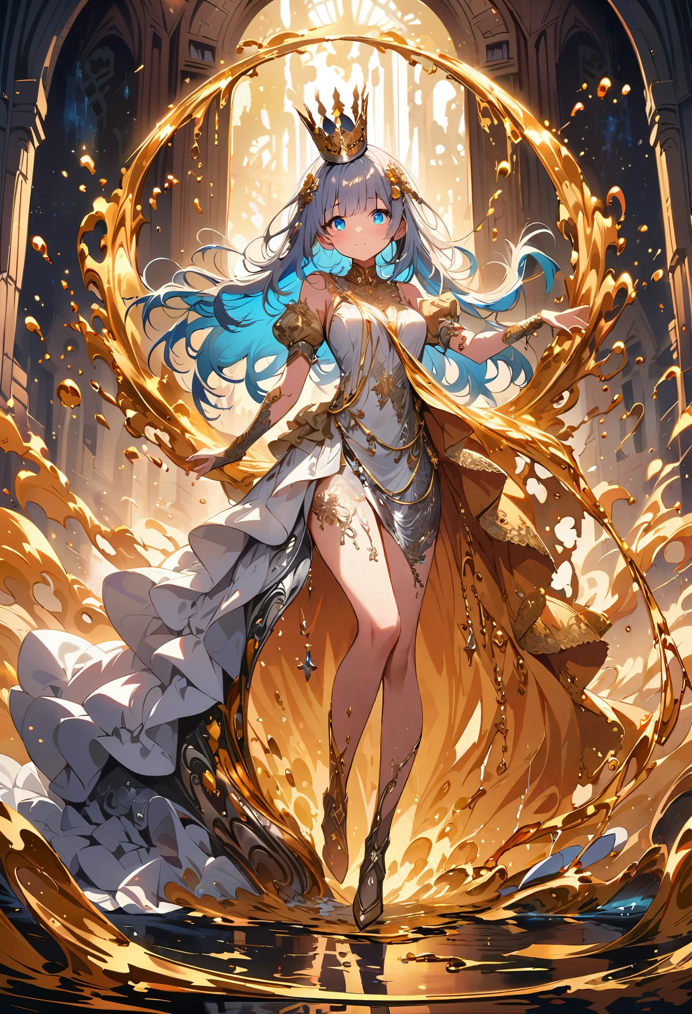masterpiece, best quality, best quality, Amazing, beautiful detailed eyes,((1girl)), finely detailed, Depth of field, extremely detailed CG unity 8k wallpaper, full body,(other Minato aqua), (((a girl wears Clothes with a silver texture))),((Extremely gorgeous metal style)),((Metal crown with ornate stripes)),((((Various metals background)))),Sputtered molten iron,(floating hair),((Hair like melted metal)),(((detailed face))), (((detailed eyes))),(((Clothes made of silver))),(((Clothes with gold lace))),((full body)),((((flowing gold and silver)))),(((((everything flowing and melt))))),(((((flowing iron))))),(((((flowing silver))))),((((lace flowing and melt))))