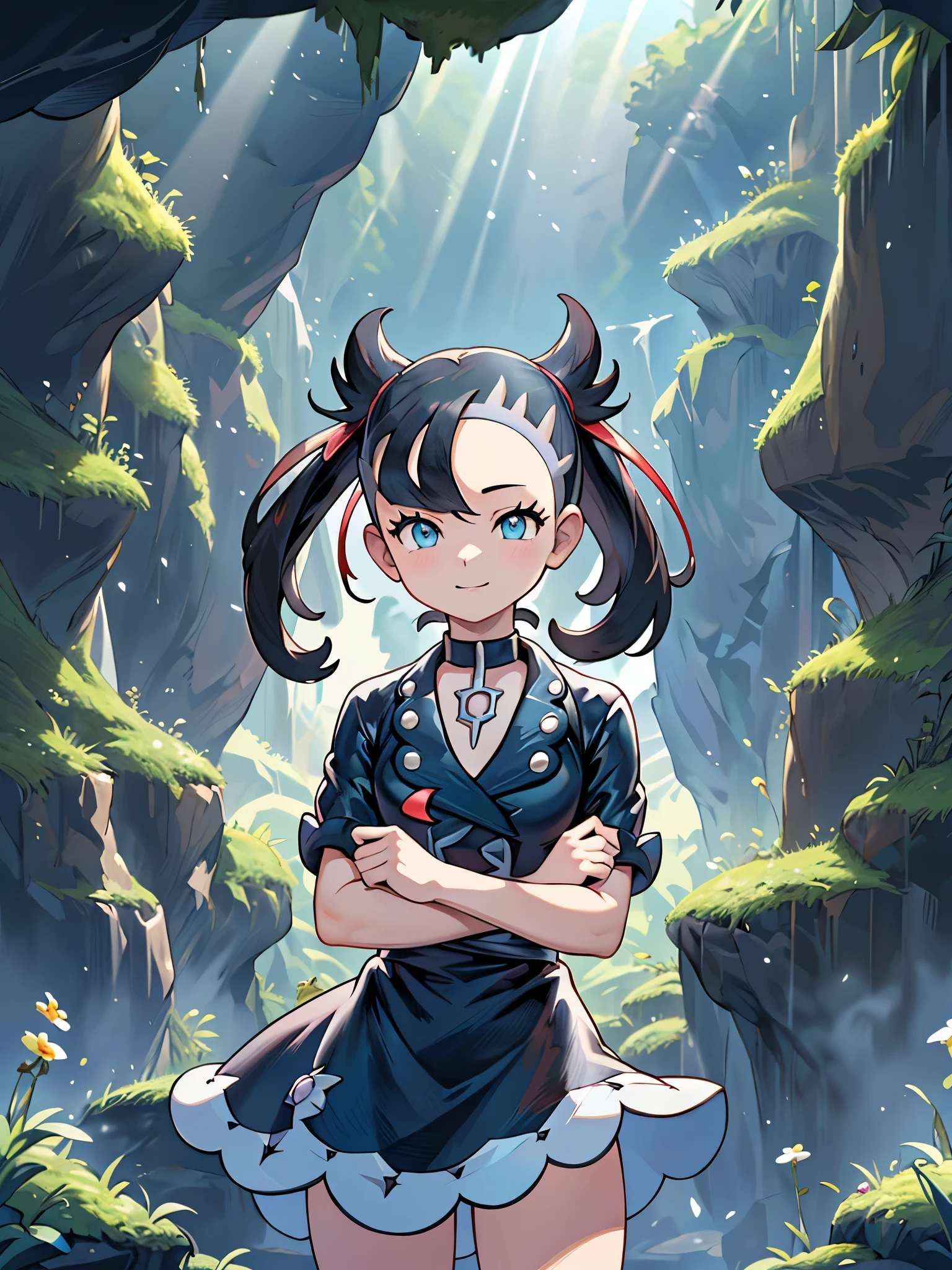 cowboy shot:1.2,((pokemon'smarnie:1.2)),(super detailed illustrations:1.2),(masterpiece, 8K), (最high quality, high quality:1.4), perfect anatomy, very detailed, super detailed,masterpiece background,beautiful detailed background, v8K wallpaper,perfect design,award winning art,stand in front of the photo、highest quality、very cute girl、、、10 year old girl、inside a dark cave, The cave continues deeper,A dark cave covered in moss, (dramatic light:1.3), 
woman,Only one person depicted:1.2,flower,:confident smile:1.2