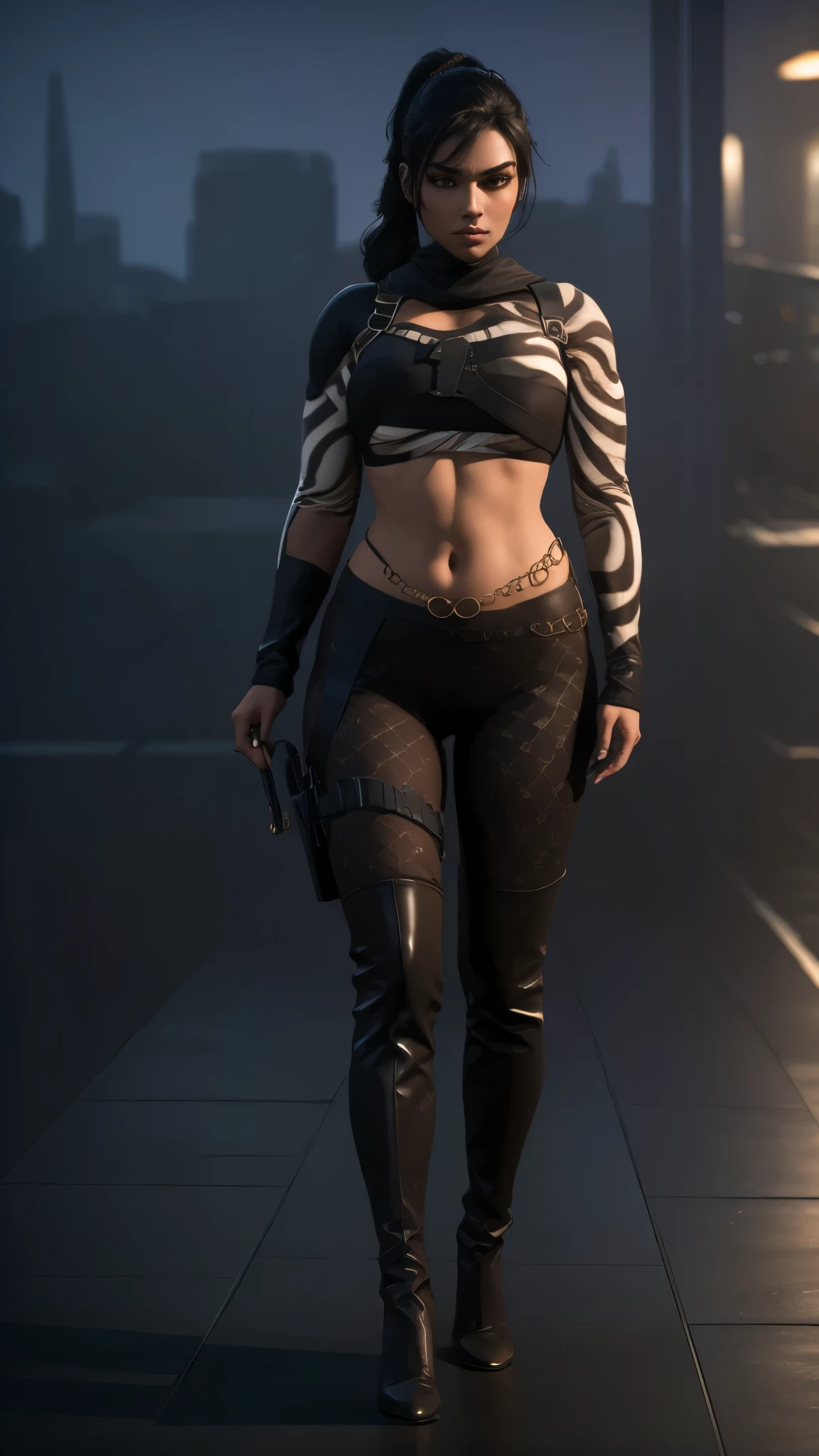 (full body portrait, 1 girl, looking at viewer, highly detailed, anatomy correct:1.4), tactical gear, coffee knee boots, (athletic body:1.3), coffee leggings, jewelry, ponytail hair, ski mask, black hair, ((Best quality, masterpiece, Very beautiful woman)), Depth-of-field, Multi-layered textures, HDR (High Dynamic Range), Ray Tracing, NVIDIA RTX, Unreal 5, Subsurface scattering, PBR Texturing, Post-processing, Anisotropic Filtering, Maximum clarity and sharpness, Wide aperture, Low ISO, White balance, Rule of thirds, 8K RAW, (extremely slutty), (Highly realistic skin), sharp image, (extremely high quality artwork),