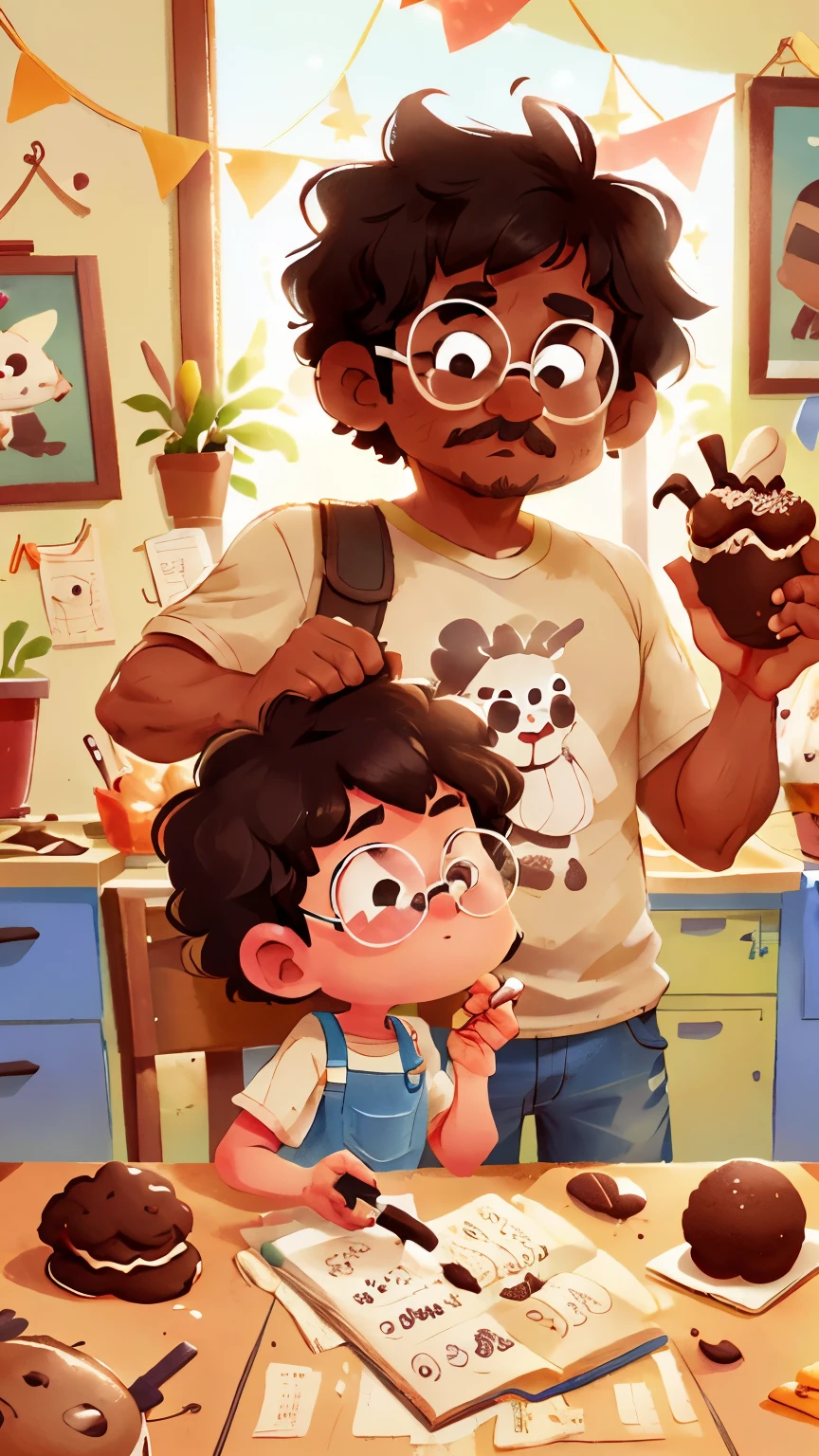 3D poster inspired by pixar capturing a scene of a couple making chocolate truffles a scene with a 20 year old boy skin color dark skin color a little chubby short dark curly hair round face wears glasses a bit of a mustache and a bit of a goatee master chef outfit with a dark-skinned, chubby brunette girl, 15 years old, round face, short black curly hair, helping to make truffles in a kitchen and taking a photo with an iPhone
