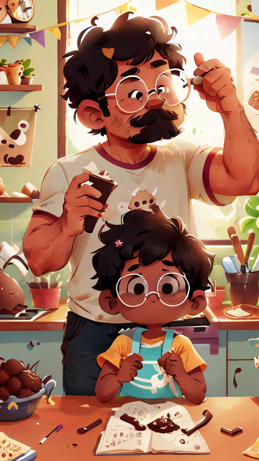 3D poster inspired by pixar capturing a scene of a couple making chocolate truffles a scene with a 20 year old boy skin color dark skin color a little chubby short dark curly hair round face wears glasses a bit of a mustache and a bit of a goatee master chef outfit with a dark-skinned, chubby brunette girl, 15 years old, round face, short black curly hair, helping to make truffles in a kitchen and taking a photo with an iPhone
