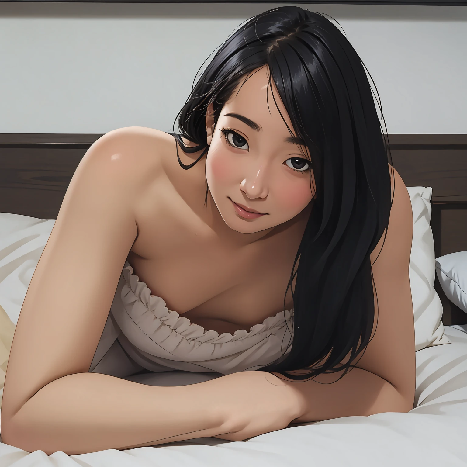 Risa, 1girl, black haired chubby Japanese girl sitting on bed, ((topless)), ((lace underwear)), anxious face expression, half open mouth, ((small breasts)), cute, beautiful, realistic style, highly detailed, 4k, mouth open, ((golden ratio, center frame)), (((RISA))), face in center of picture ((NUDE)),((Chubby))