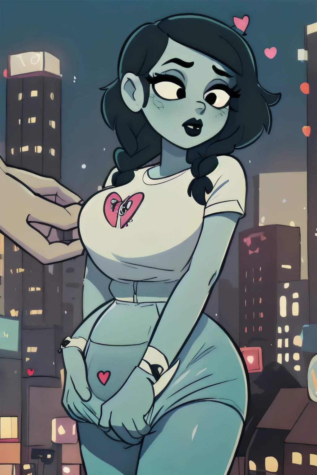 w3day_14, 1 gothic girl, black lipstick, braids, black hair, shirt tug, masterpiece, best quality, highres, best illumination, depth of field, complex background, detailed background, city, nigth, (wearing a big bulbous diaper), plastic backed taped diaper, puffy diaper, poofy, heart emojis