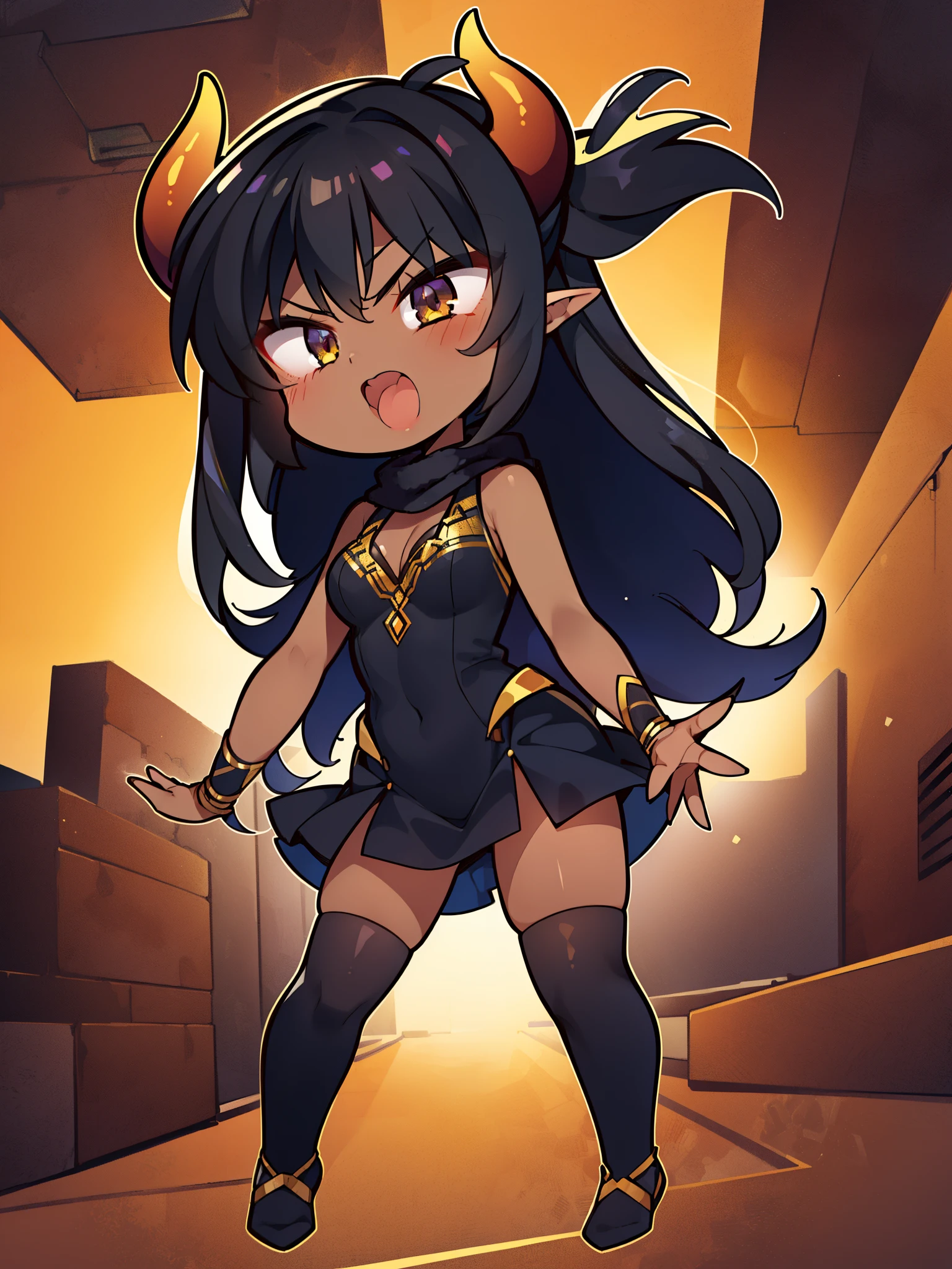 (((1girl,solo,25 years old,mature female,))),long hair, black hair,angry expression,smile,open mouth,horns,elf ears,black scarf,cleavage,((dark skin)),(no background),chibi,full body,