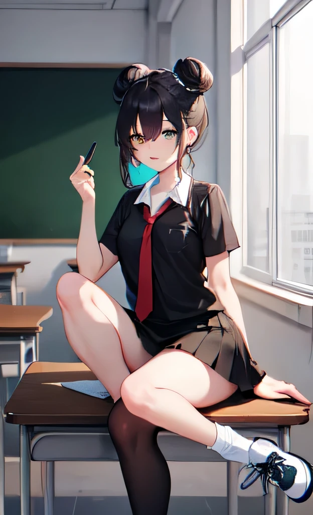 detailed eyes, detailed eye, detailed face, UHD, retina, ccurate, anatomically correct, textured skin, super detail, award winning, highres, best aesthetic, ultra high res, distinct, ultra detailed, best quality, high quality, ultra quality, 16k, high details, high resolution, detailed, masterpiece, beautiful, detailed skin, (full body), (1 cuntboy), black hair with Cyan Locks of hair, two hair buns,long bangs , cute hair accessories, black hair with Cyan locks of hair in a two hair buns with a long bangs , blue left eye, yellow right eye, two different eyes colour blue on the left yellow on the right , sleepy eyes, double eyelid, face bandage , , black shirt, red tie, long black skirt, white shoes, leg warmer, wearing a japenses in black with leg warmer and white shoes , sitting on a desk, in classroom, sitting in classroom on a desk, different eye color the right eye is yellow the left eye is blue