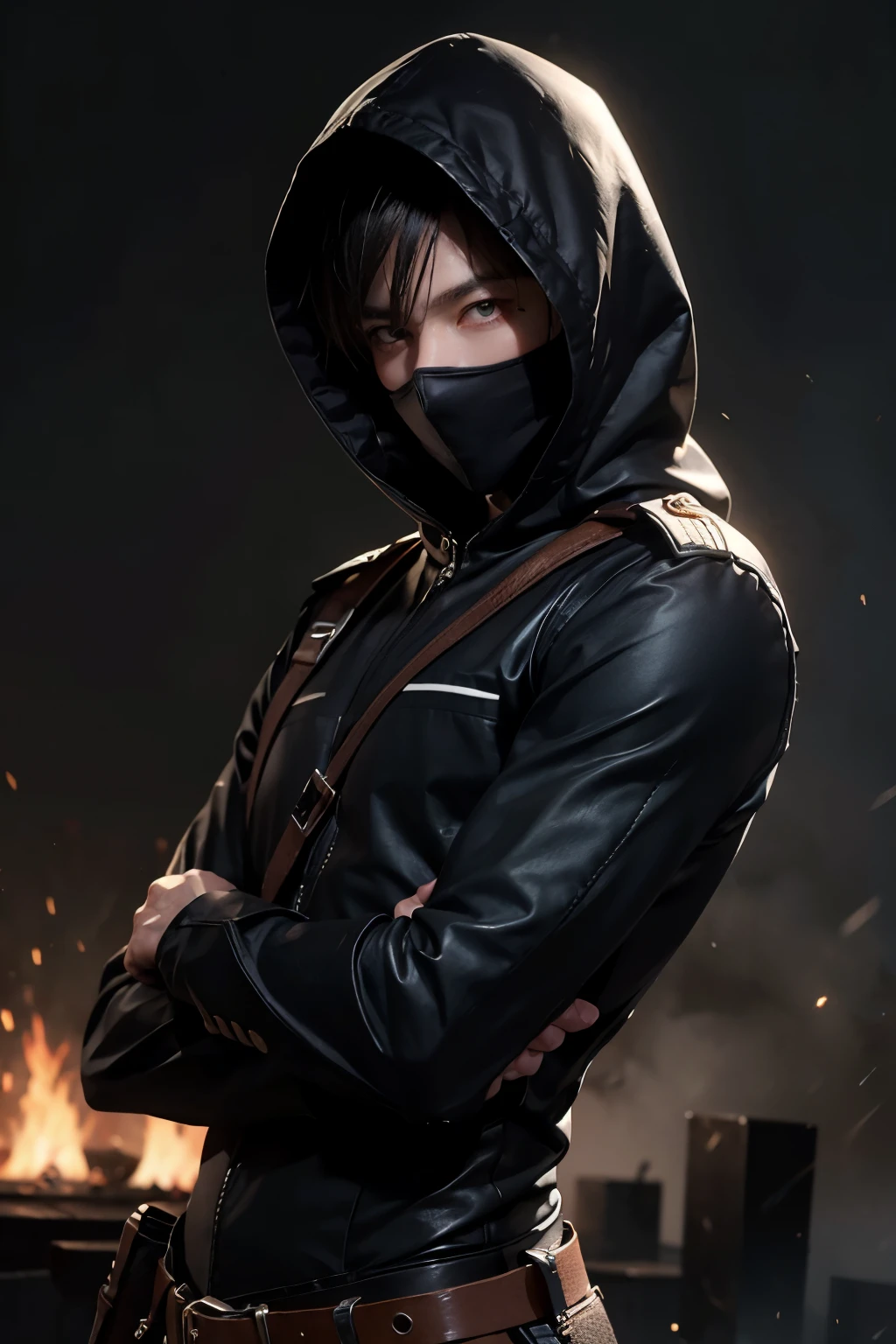 black hood　combat uniform　male　mask　near future