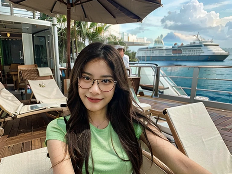 Create a photorealistic image. A picture of a pretty 30 year old Malaysian woman. She has long hair and is wearing glasses. She is lying in a deck chair on a cruise ship. She is holding a drink and looking at the camera and smiling. She is wearing a green t-shirt and shorts. You can see her whole body from her head to her feet.