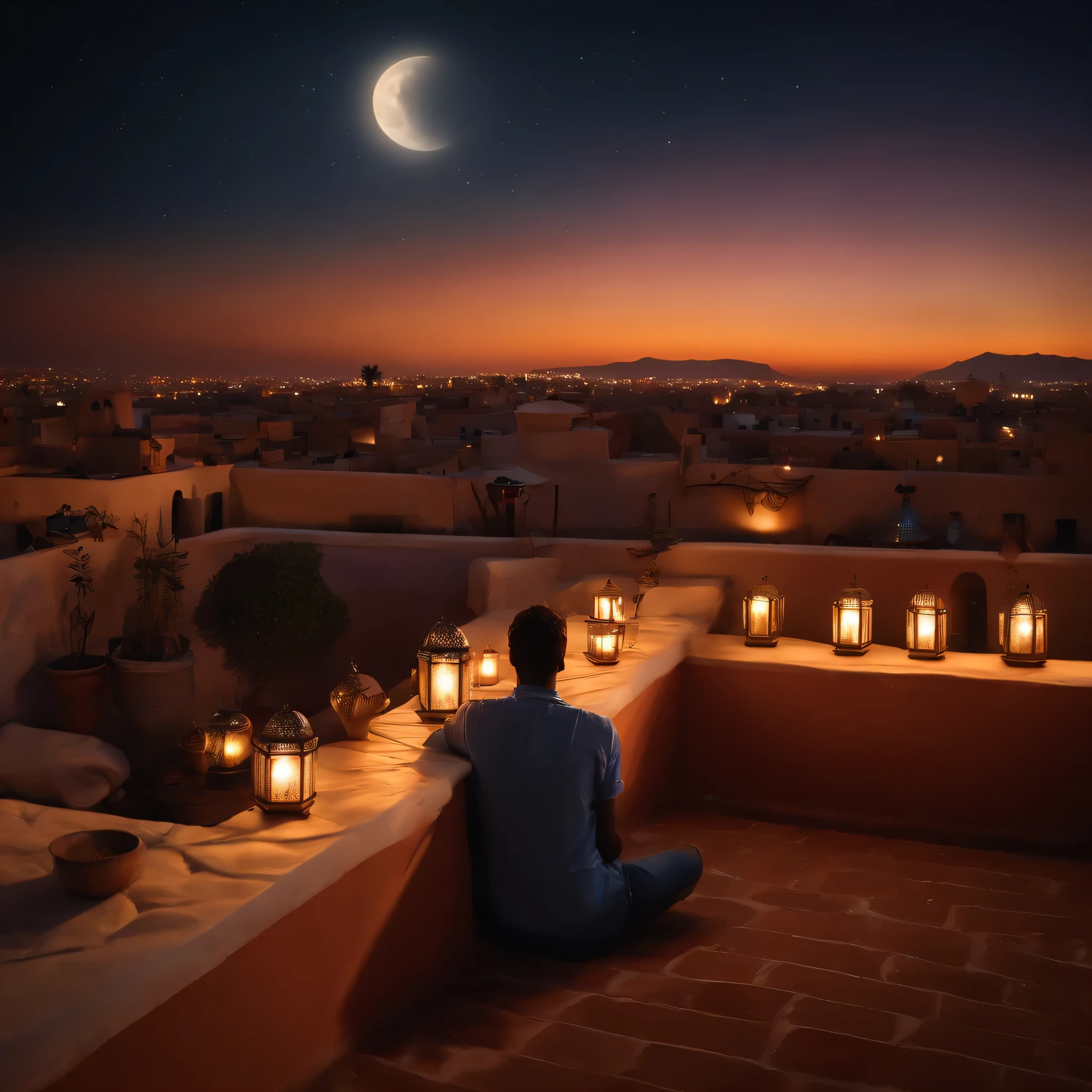 hyper realistic photo, ultra detailed photograph of a beautiful Moroccan rooftop, (one young thin man and one curvy woman from behind), face hidden, towards view, praying together, male and female holding eachother, photorealistic, (riad rooftop), (pillows), (Marrakech view), colorful sunset, stunning moon, shimmering stars, iridescent, hyperrealism, moroccan lamps, Ultra photoreal, Intricate details, Ultra detailed, photorealistic, great high details, hyper real photo, 8k, extreme quality, (gorgeous roses), exotic, glimmering lights, magical, romantic, wishing, sexy, brunette