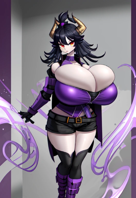 (masterpiece), (absurdres), (1girl), (focus on breasts), (upper body), (solo), (facing viewer), (hands behind back), (atb), (cleavage), (skindentation), (sexy), and (cute) (short) (dragon girl) with (large silver horns with purple lines), (black hair), (red eyes), an (enormous black tail), (slim figure), (huge breasts), (bursting breasts), (wide hips), and (incredibly thin waist) wearing a (black sleeveless trench coat with purple lines), (red crop top), (purple belts crossing her bust in an x), (black shorts with purple lines), (long purple gloves), (red stockings), and (black boots with purple lines)