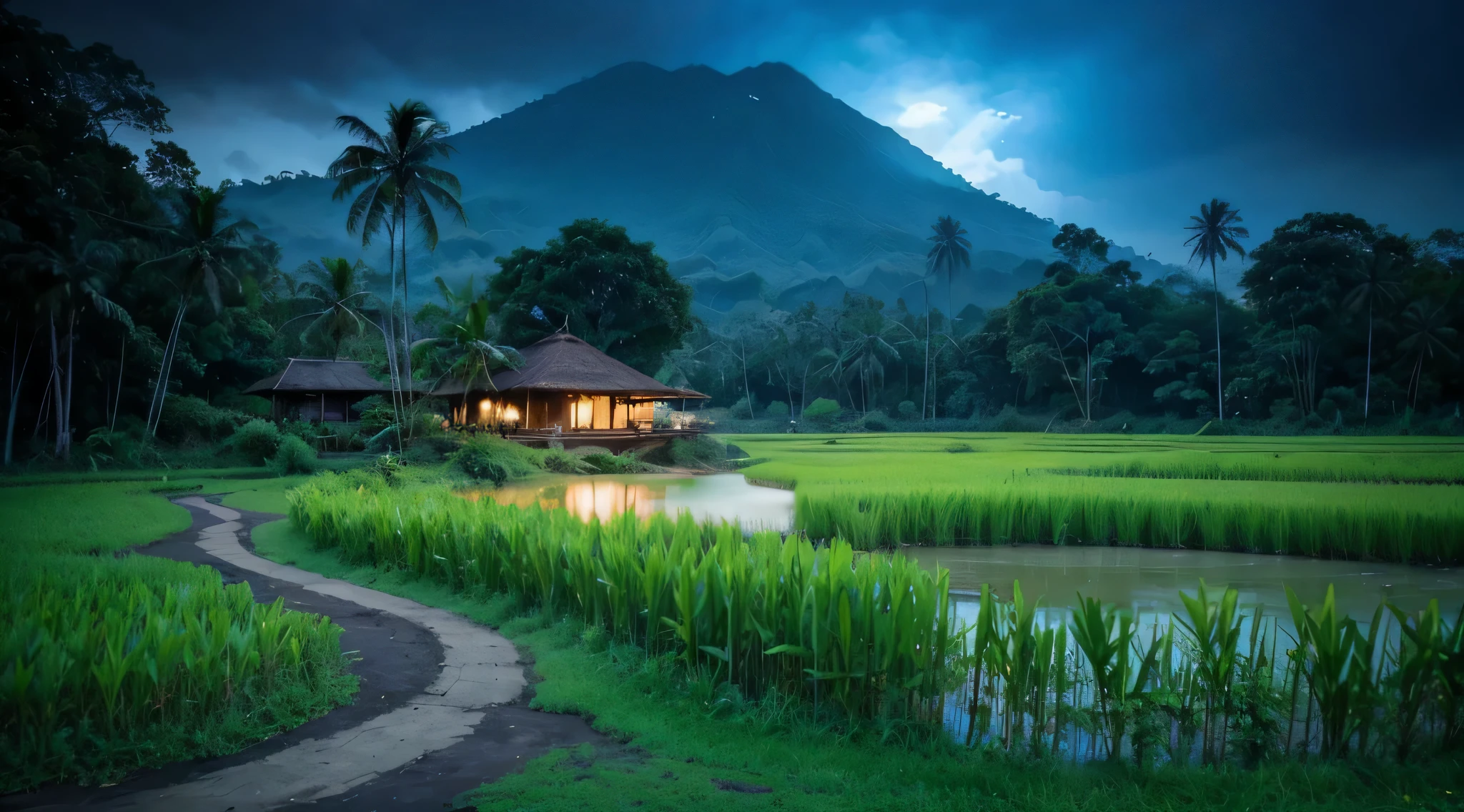 Pemandangan di Jawa barat tahun 1800, rumah kayu sederhana di tepi sungai yang deras berbatu yang air nya biru. banyak rumpun bambu besar, pohon-pohon tropis besar dan lebat, foliage yang rimbun, bark, ada pohon yang mati, ada daun yang menguning. latar belakang gunung berapi berkabut, cahaya matahari yang dramatis, muted pallete color.