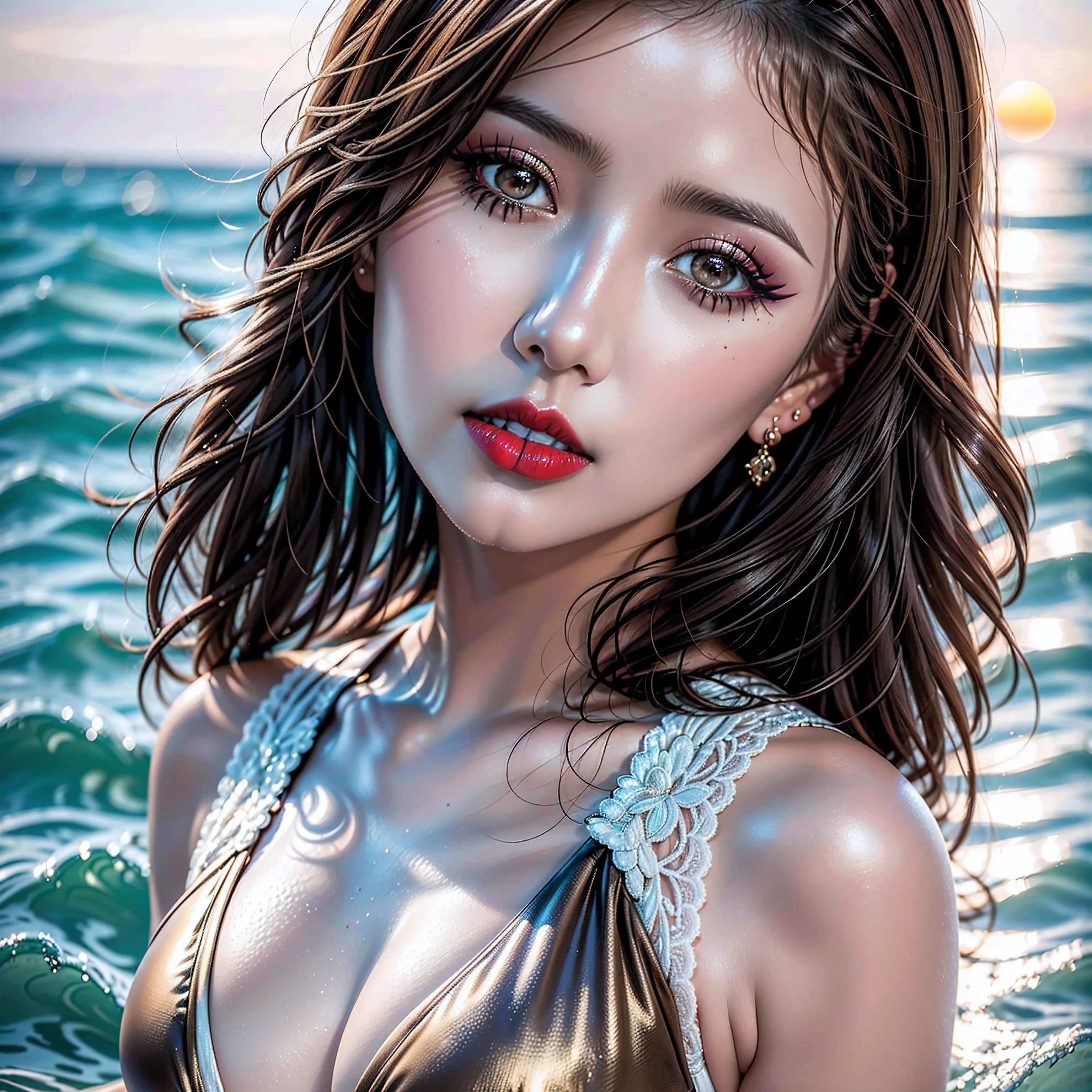 Divide Ratio : 1,1,1 Base Ratio: perfect dynamic composition:1.2,(beauty(mixed girl)(madison ivy:0.55)(jessica alba:0.3)(Ariana Grande:0.2))in(((1girl:1.4)))(22-year-old),((Intricately detailed photo)),((photorealistic))((Hyper realistic))((sharp focus))((highest resolution))(the most absurd quality)(masterpiece)((best high quality real texture skin:1.3))((Highly quality texture hair))((curly hair(slicked to the two side)Intricately detailed:1.25))(perfect proportions)((anatomically correct))((perfect female body))((firm and full normal breasts:1.2))beautiful cheekbones,(Super beautiful)(highly detailed realistic slim face)(ultra detailed eyes)(tired and sleepy and satisfied:0.0)(realistic eyes)perfect round eyes,finely detailed pupils(brown_eyes:1.4)BREAK,detailed lips:1.3,makeup:1.35,long_blue_eyeliner:1.15,(red_lipstick:1.25),perfect dark_eyeshadows:1.35,(Detailed nose)small head,full bodyesbian,dark shot:1.1,sitting by the seashore(wearing a flowing ethereal dress, Highly detailed)gazing at the sunset on the horizon,surrounded by seagulls soaring in the sky, with a gentle breeze blowing through her hair and the sound of crashing waves in the background, creating a serene and calming atmosphere. The artwork is created using a combination of realistic painting and photography techniques. The colors are vibrant and vivid, with warm tones to enhance the sunset effect. The lighting is soft and natural, with a golden glow emanating from the setting sun. The overall style is a mix of portrait and landscape, capturing the beauty of both the girl and the natural scenery.