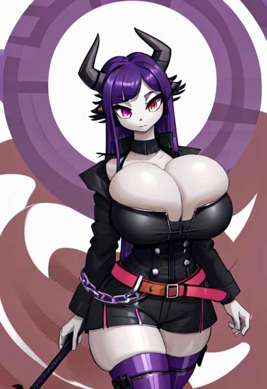 (masterpiece), (absurdres), (1girl), (focus on breasts), (upper body), (solo), (facing viewer), (hands behind back), (atb), (cleavage), (skindentation), (sexy), and (cute) (short) (dragon girl) with (large silver horns with purple lines), (black hair), (red eyes), an (enormous black tail), (slim figure), (huge breasts), (bursting breasts), (wide hips), and (incredibly thin waist) wearing a (black sleeveless trench coat with purple lines), (red crop top), (purple belts crossing her bust in an x), (black shorts with purple lines), (long purple gloves), (red stockings), and (black boots with purple lines)