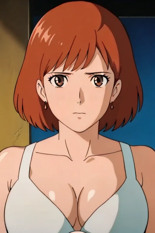 (masterpiece, highest quality, High resolution, anime screenshot, anime color, 8K, realistic), Nausicaa, woman, mature woman, wife, alone, brown hair, (looking at the viewer), huge breasts, cleavage, (white bra), Upper body, forest, (perfect detailed anatomy, beautiful and detailed face&eye, shiny skin, perfect body)