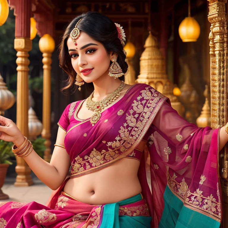(5) embroidery, create a mesmerizing visual spectacle against the backdrop of a vibrant Indian marketplace. As she smiles seductively, her perfectly shaped lips glisten with the radiance of the afternoon sun. With every curve and contour captured in meticulous detail, this image transports viewers to a world of enchantment and allure. (6) Shot in high resolution and with expert precision, every fiber of the saree's fabric is meticulously rendered, bringing the scene to life in a hyper-realistic and visually stunning manner. (7) The intricate beadwork and embroidery on the saree are captured in stunning detail,