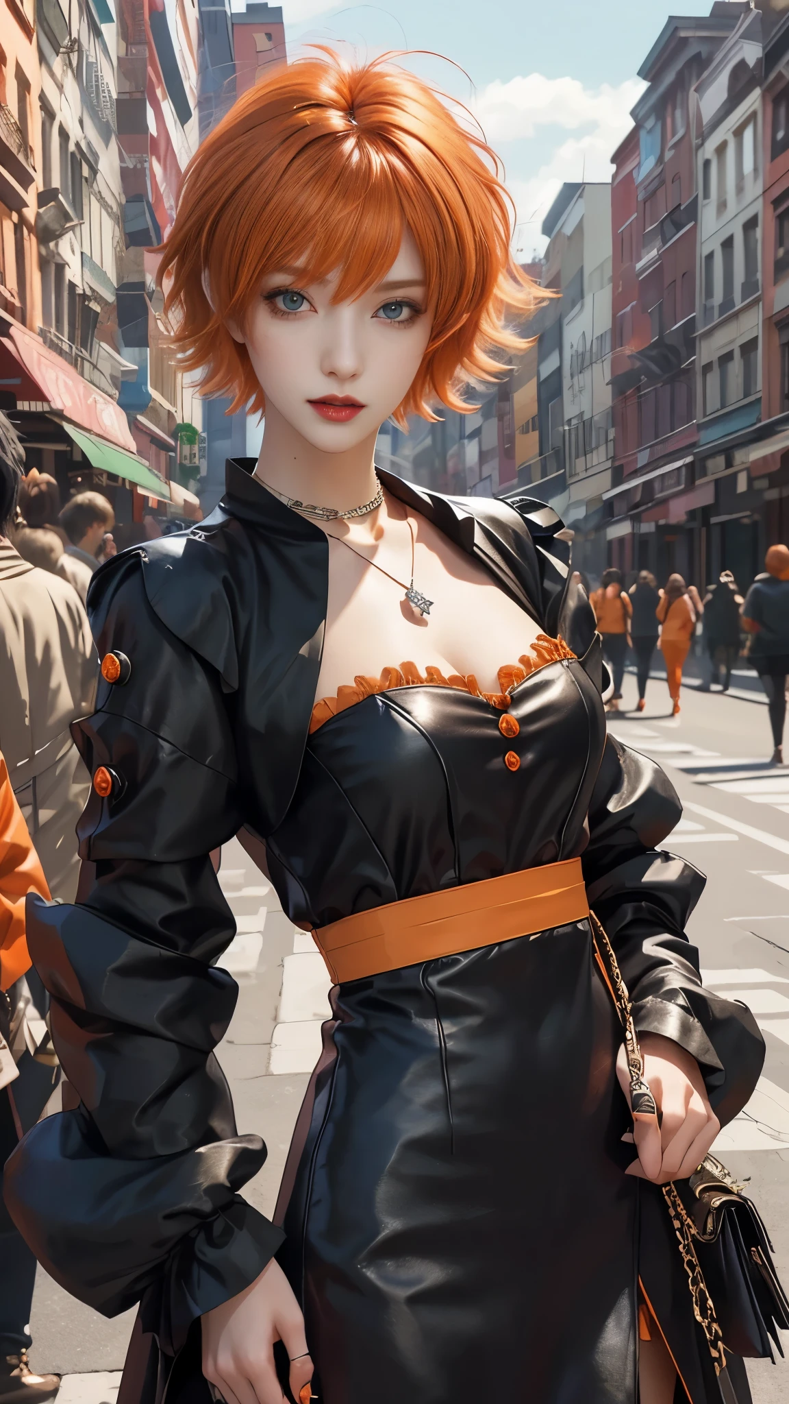 masterpiece, top-quality, ((1womanl)), different orange color, finely eye and detailed face, intricate detailes, Casual black and orange attire, window, A smile, Happiness, tenderness, high-level image quality、selfee, Beautuful Women、tall、a small face, D-cups, The upper part of the body、nightfall, nighttime scene、𝓡𝓸𝓶𝓪𝓷𝓽𝓲𝓬、Korea person, Idol Photos, Model photo, k pop, Professional Photos, Vampires, Korean fashion in black and orange, Fedoman with necklace, inspired by Sim Sa-jeong, androgynous vampire, :9 detailed face: 8, extra detailed face, detailed punk hair, ((eyes are deialed)) baggy eyes, Seductive. Highly detailed, semi realistic anime, Vampires, hyperrealistic teen, Delicate androgynous princess, imvu, ((short hair woman)), orange hair woman with wild look, ((Woman with short orange hair)), ((1 persons)), sitting,