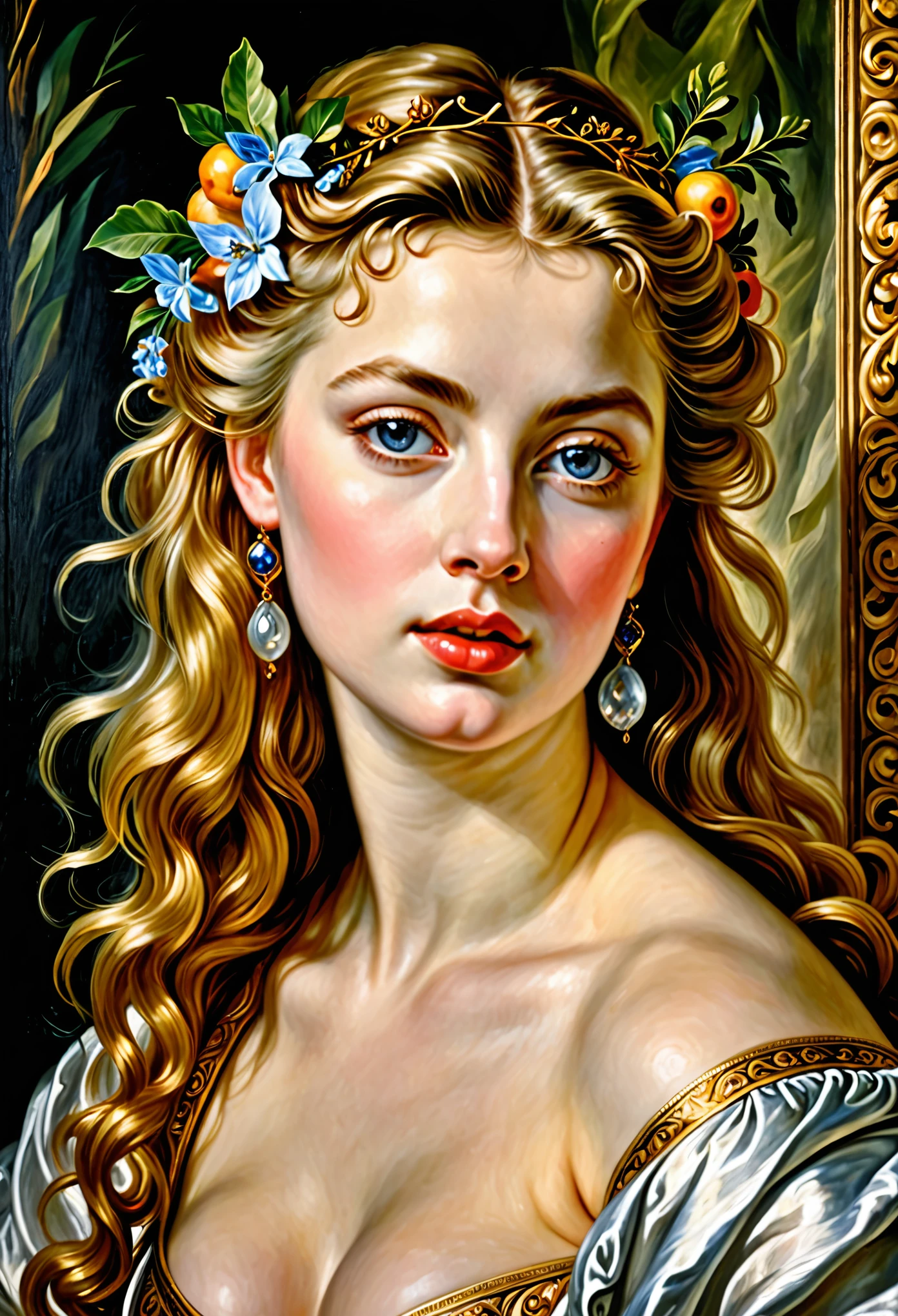 Masterpiece, Beautiful Thick Woman, Best quality, high clarity eyes, critically flawless,sharp picture, Full portrait, High pixels, perfect face, perfect eyes, beautiful face, perfect hands,perfect fingers, in Peter Paul Rubens style, by Peter Paul Rubens, baroque style, acrylic on canvas, highly detailed, description: "Create a nymph inspired by the tales of Greek or Roman mythology, embodying the essence of a natural element or location, and possessing a unique ability or trait that sets her apart."