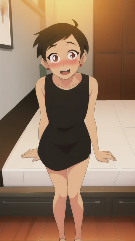 masterpiece, best quality, mawsLoisLane, 1girl, solo, black hair, short hair, brown hair, upper body, smile, open mouth, blush black dress, looking at viewer, indoor, , earrings, sunlight, bed, full body