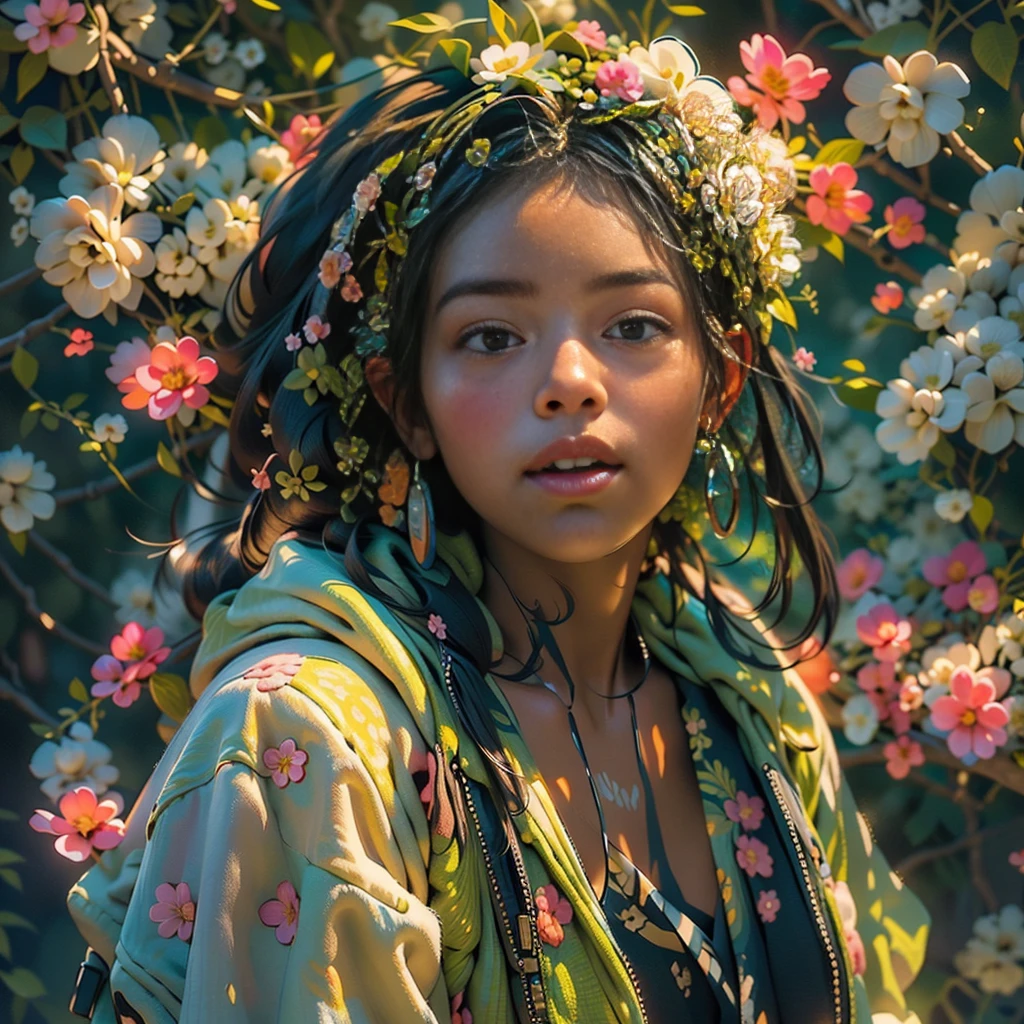 ((1 open face girl),(full height, very cute)).((pretty young black girl, black hair), (green:1.5, orange:1.1, white:1.3, yellow: 1,3), (very sexy girl rapper with dreadlocks), (tattoos), (naked parts of the body), (down jacket: 1,2), (Jacket on the naked body, thong, short T-shirt)). ((skulls, flowers, fruits),(fractal, Cherry blossoms, green leaves, Fog, circles background)).((Ideal, beautiful), (picturesque background, wide strokes, attention to detail of a girl’s face, figure, flowers) ). ((background complex insanely detailed octane render trending on artstation), (8k fine art photography, photorealistic concept art), (soft natural volumetric cinematic perfect light, chiaroscuro, award winning photography), (masterpiece)).