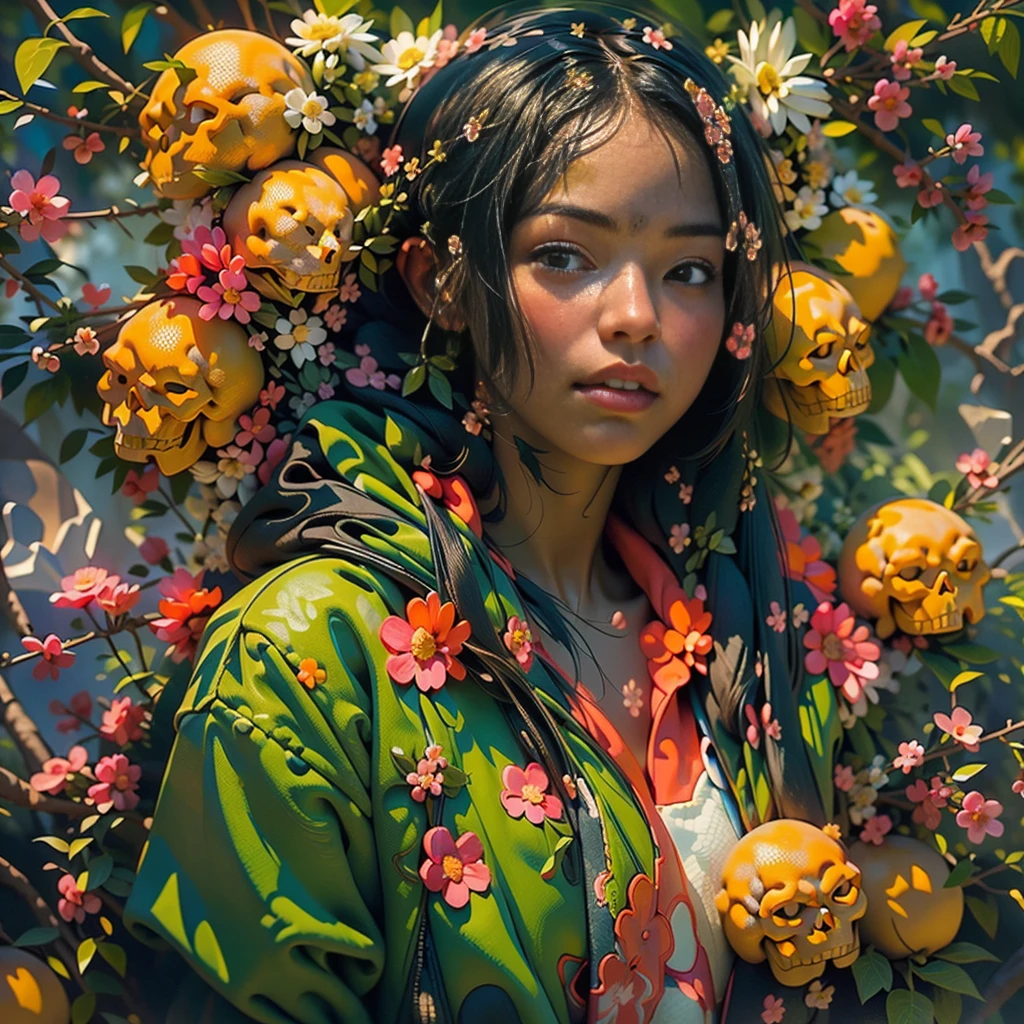 ((1 open face girl),(full height, very cute)).((pretty young black girl, black hair), (green:1.5, orange:1.1, white:1.3, yellow: 1,3), (very sexy girl rapper with dreadlocks), (tattoos), (naked parts of the body), (down jacket: 1,2), (Jacket on the naked body, thong, short T-shirt)). ((skulls, flowers, fruits),(fractal, Cherry blossoms, green leaves, Fog, circles background)).((Ideal, beautiful), (picturesque background, wide strokes, attention to detail of a girl’s face, figure, flowers) ). ((background complex insanely detailed octane render trending on artstation), (8k fine art photography, photorealistic concept art), (soft natural volumetric cinematic perfect light, chiaroscuro, award winning photography), (masterpiece)).