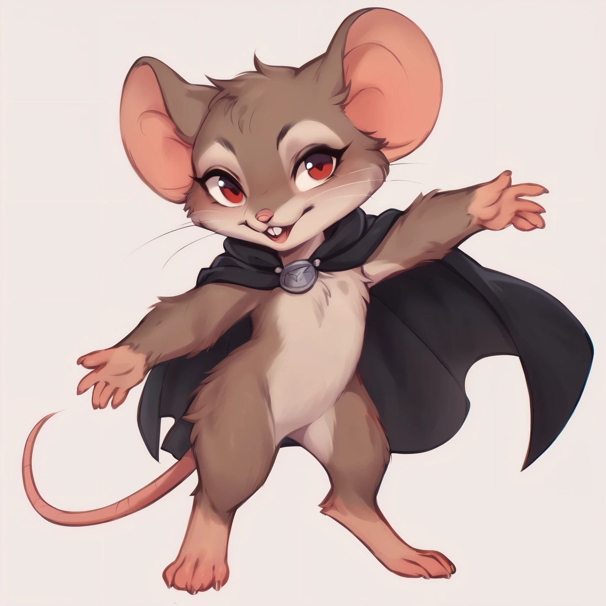 score_9, score_8_up, score_7_up, score_6_up, score_5_up, score_4_up, show accurate, full body, hungry body, simple background, (solo), (semi anthro), mouse, female mouse, fur body, ultra fine fur, standing, red eyes, (light brown dull fur), black color open cape, arms guard made leather, legs guard made leather, legs and arms with leather strips, thief appearance, cape attached to a small leather breastplate,