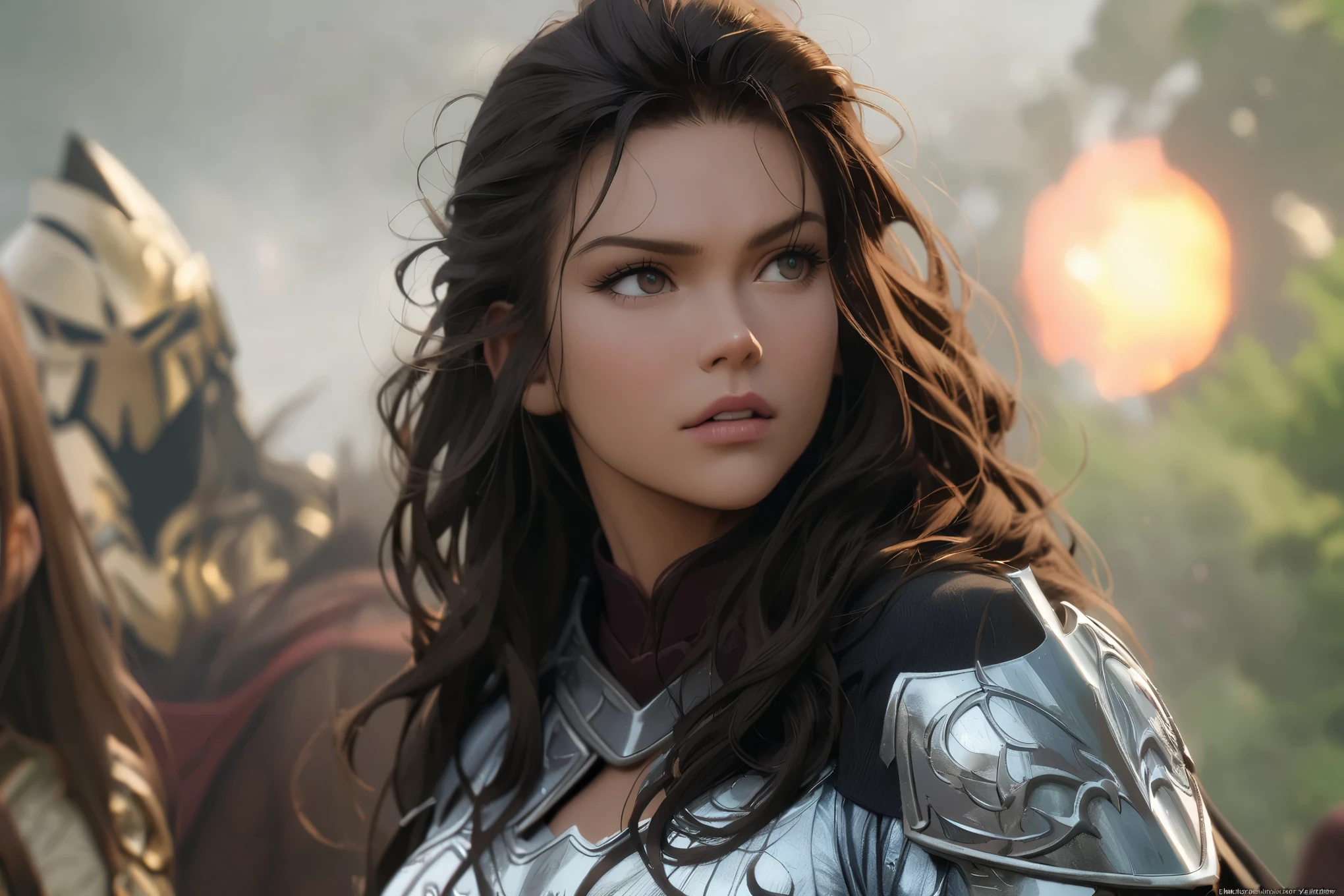 arafed woman in armor with sword and shield in a scene, jamie alexander as lady sif, furious dark haired women, film still from 'thor',marvel movie, of a beautiful female knight, , anime style, hair blown by the wind, long strands of hair on the face