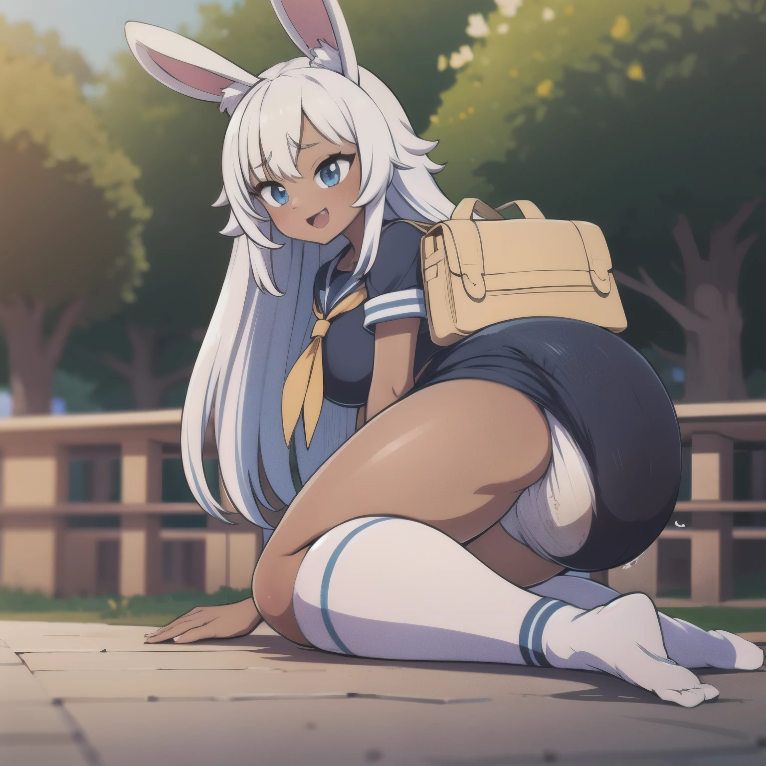 ((masterpiece)), (best quality), official art, extremely detailed CG, unity 8k wallpaper, ultra detailed, highly detailed, detailed background,(wearing a big white bulbous diaper), plastic backed taped diaper, poofy diaper, puffy diaper, mirko mha, 1girl, solo, dark-skinned female, dark skin, rabbit girl, female, animal ears, rabbit ears, blue eyes, long eyelashes, large breasts, superhero, white hair, very long hair, parted bangs, blush, smile, :d, open mouth,, serafuku, (baggysocksplain:1.3), (skiny:1.2), (thin thighs:1.2), full body, in the park,
