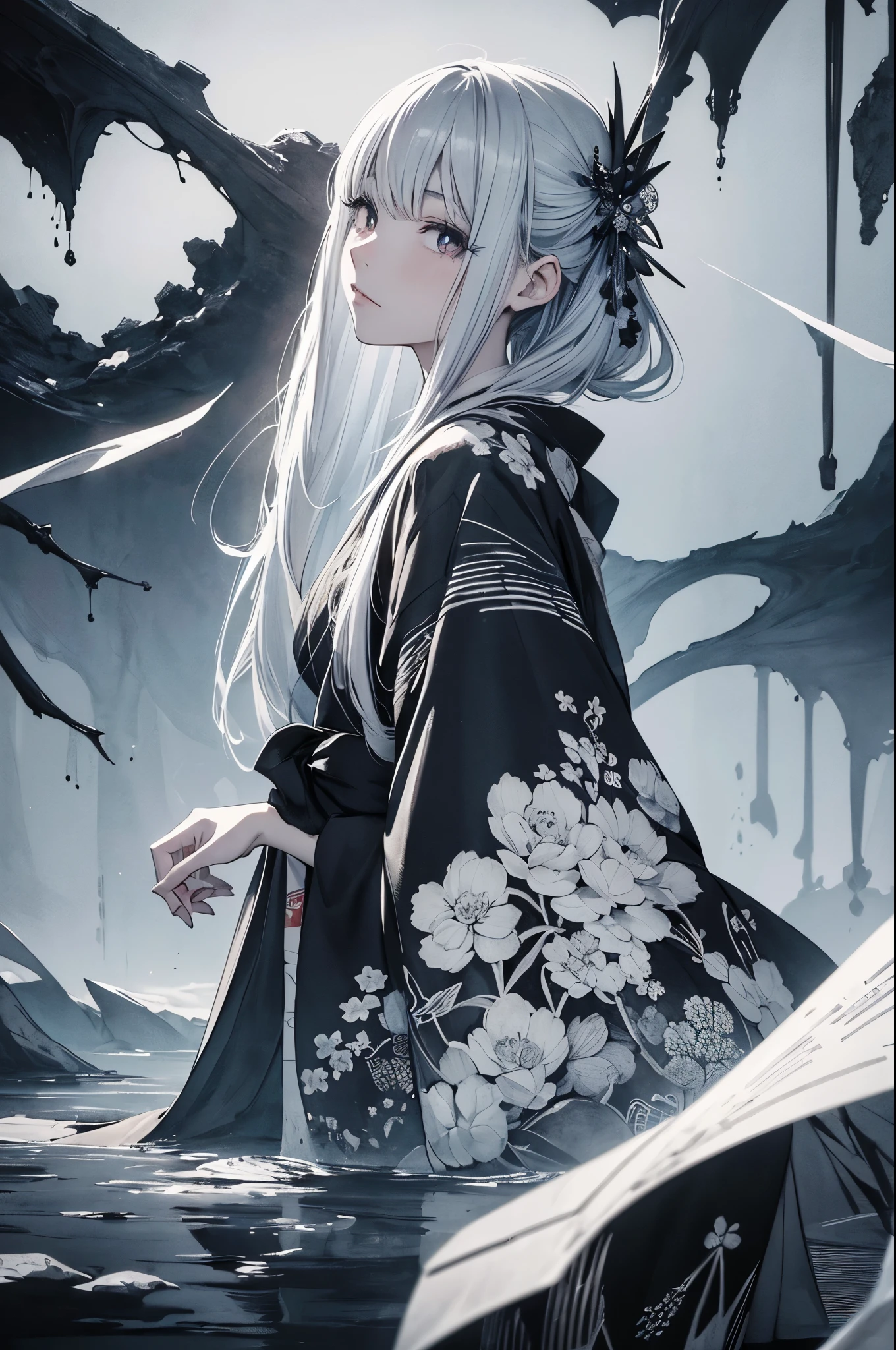 masterpiece,  best quality, newest, highres, absurdres,  <lora:HassaKu_style:1>,HassaKu_illu, 1girl, flower, solo, spider lily, holding, white hair,detailed_fingers, holding smoking pipe, smoking pipe, long hair, looking at viewer, jewelry, bare shoulders, earrings, tattoo, moon, sitting, off shoulder, bangs, smoke, grey eyes,dynamic composition, depth of field,