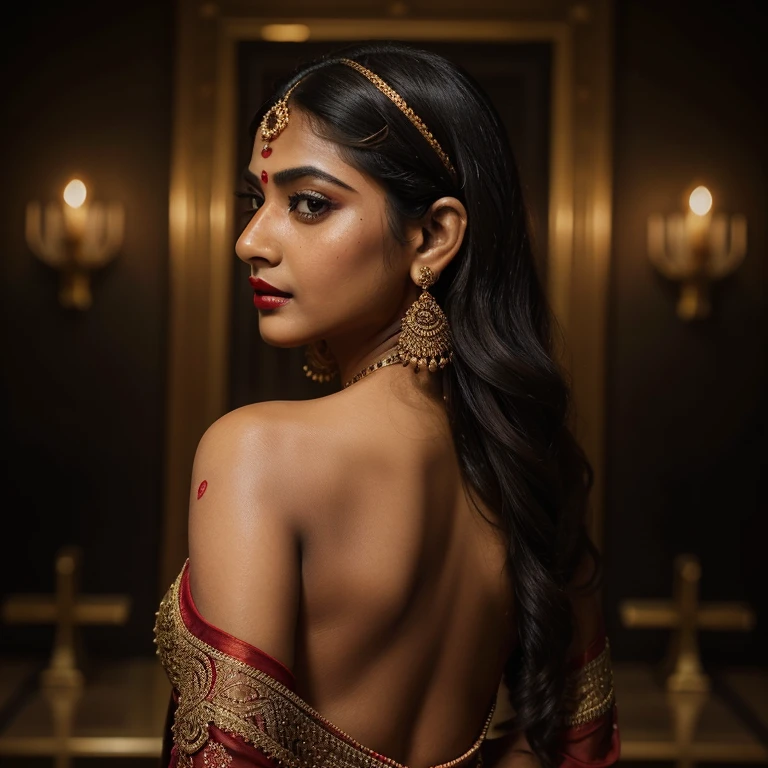 (Best quality, Ultra-detailed, Golden ratio, Masterpiece: 1.1), Captivating portrait of a 21-year-old Indian girl, Hourglass figure, Red and black shimmering traditional saree, Backless blouse revealing perfect back, Seductive pose, Close-up shot, (Intricate details: 1.3), high contrast lighting, Radiant skin, (Perfectly defined features: 1.2), Long, wavy, black hair, Red lipstick and bindi accentuating her features, Bollywood-inspired style, Elegant hand accessories, (Deep depth of field: 0.8), (Black