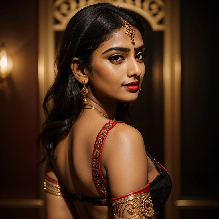 (Best quality, Ultra-detailed, Golden ratio, Masterpiece: 1.1), Captivating portrait of a 21-year-old Indian girl, Hourglass figure, Red and black shimmering traditional saree, Backless blouse revealing perfect back, Seductive pose, Close-up shot, (Intricate details: 1.3), high contrast lighting, Radiant skin, (Perfectly defined features: 1.2), Long, wavy, black hair, Red lipstick and bindi accentuating her features, Bollywood-inspired style, Elegant hand accessories, (Deep depth of field: 0.8), (Black
